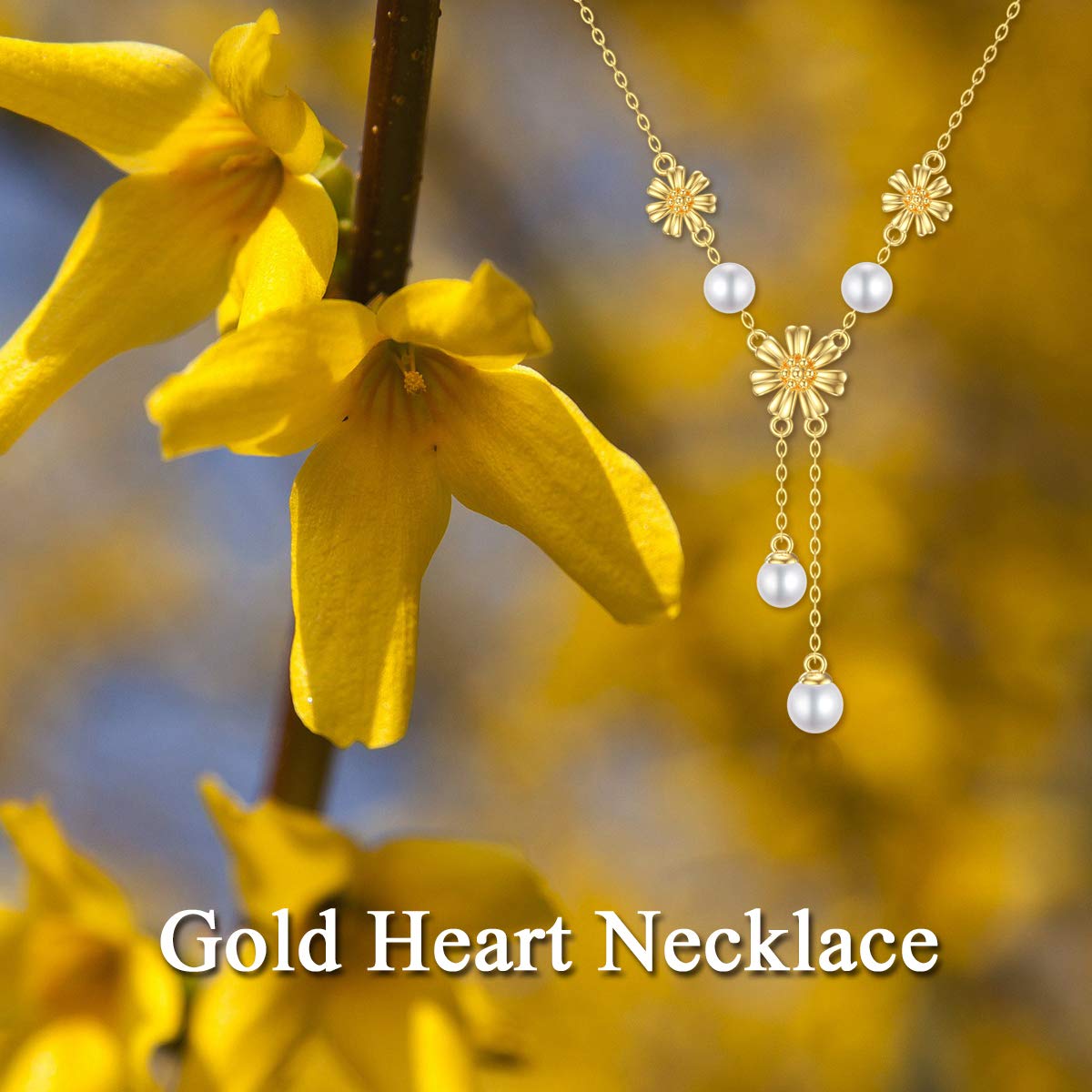 14K Solid Gold Sunflower Necklace for Women - Elegant Gold Pearl Y-Shaped Lariat Necklace | Perfect Birthday, Anniversary & Mother's Day Jewelry Gift for Mom & Wife | 16