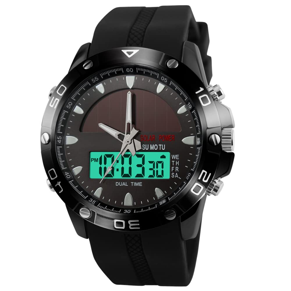 PASNEW Men's Solar Digital Watch - Large Dual Display, Waterproof, Multifunction Wristwatch for Outdoor, Sports & Daily Use