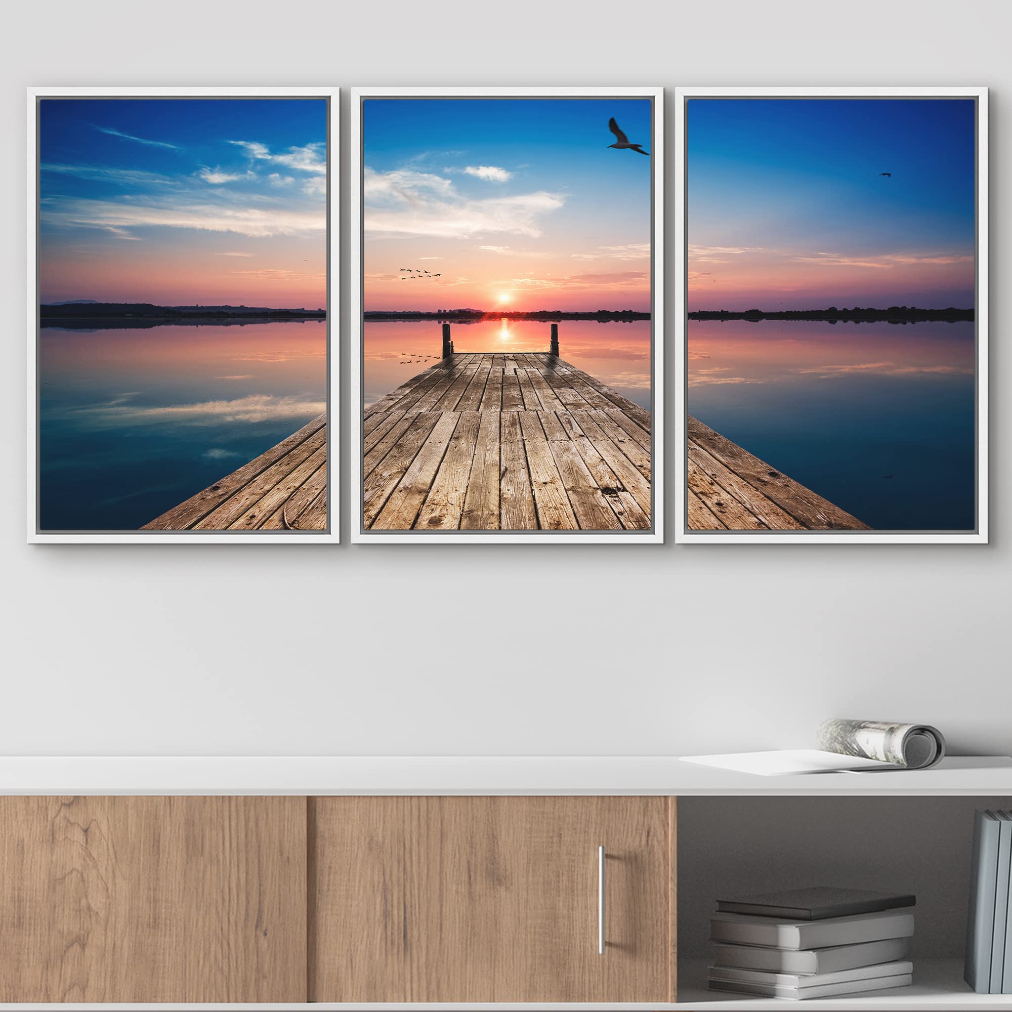 Wall26 Wooden Pier at Sunset Framed Canvas Wall Art - 24x36 Inches, 3-Panel White Modern Painting for Living Room, Bedroom & Office Decor