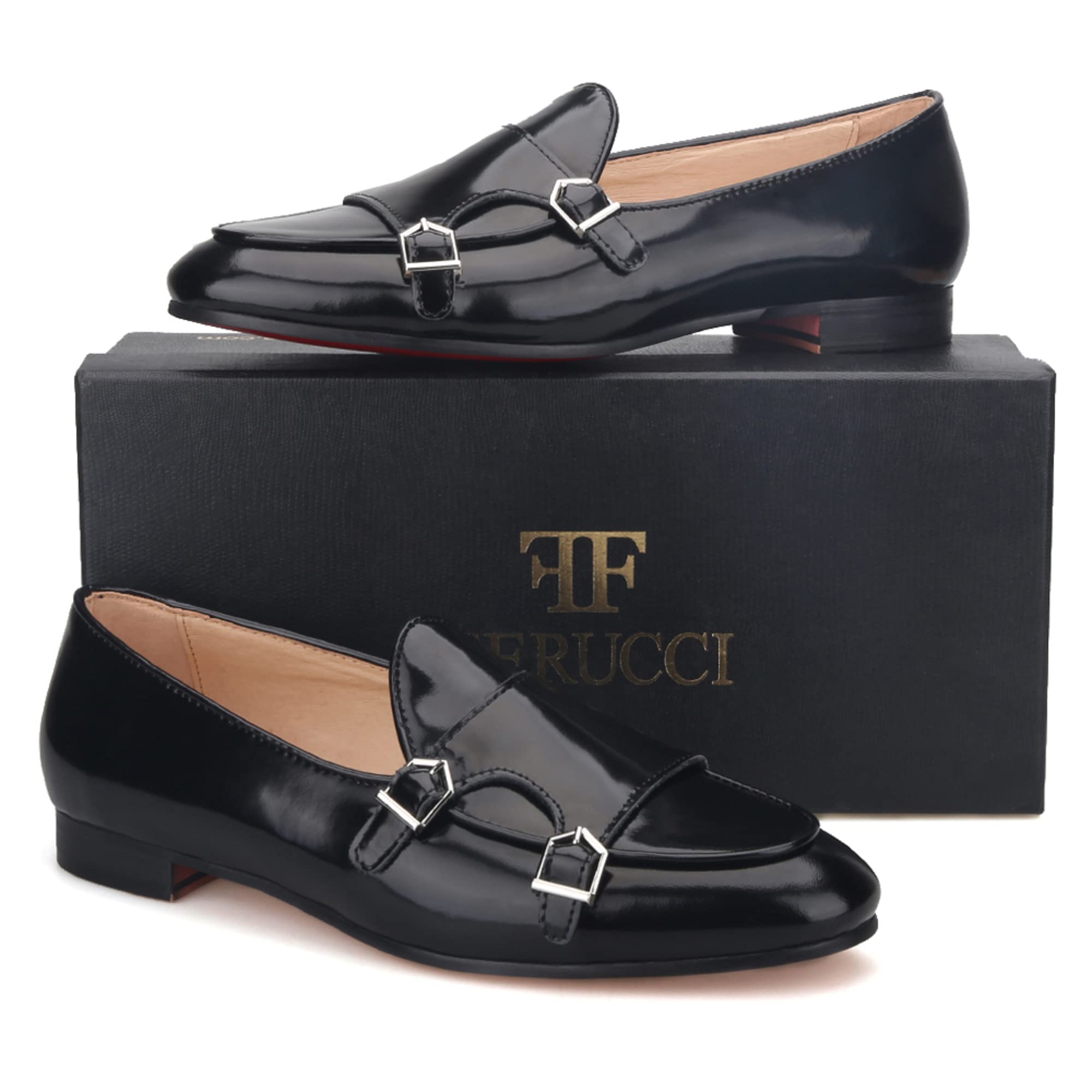 FERUCCI Men's Black Leather Double Monk Strap Loafers - Comfortable Dress Shoes for Wedding, Prom, Business & Formal Occasions