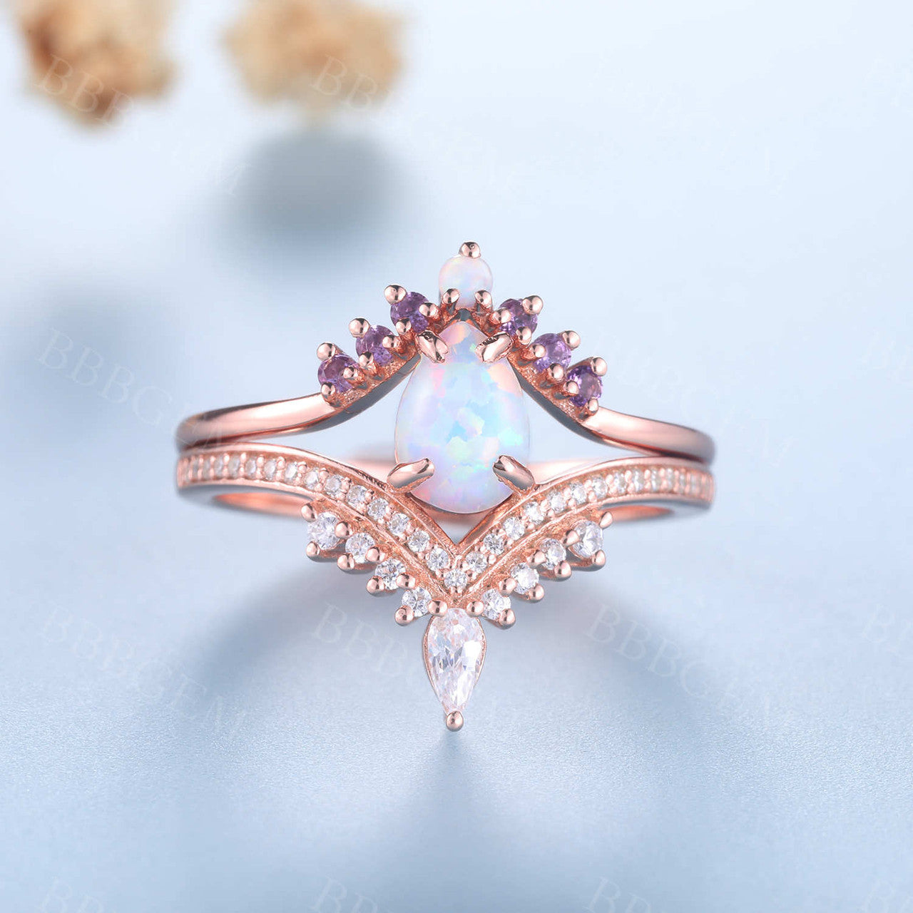 Pear Opal Engagement Ring Set - 3 Piece White Opal Wedding Band & Bridal Jewelry Set for Women, Perfect for Proposals, Anniversaries & Bridal Shower Gifts