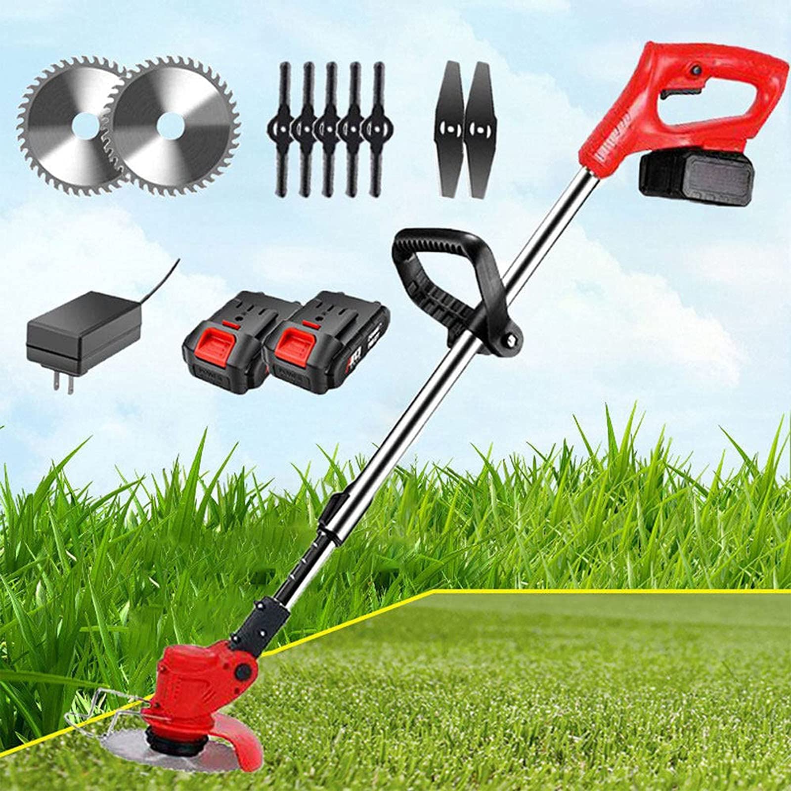 24V Cordless Grass Trimmer - Lightweight Telescopic Lawn Edger with 3-in-1 Blades, Fast Charger & 24V Battery | Perfect for Yard Maintenance, Garden Trimming, and Landscape Edging (Red)