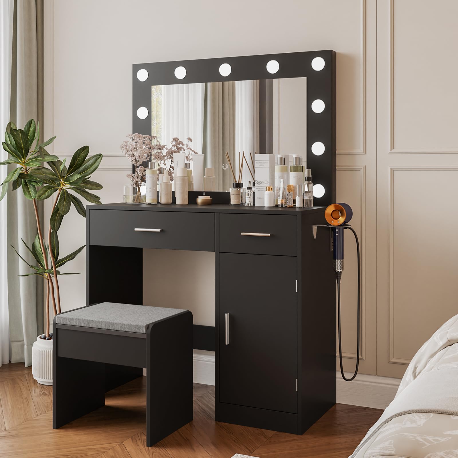 Elegant Vanity Desk with Mirror, Large Storage Drawer & Built-in Power Outlet - 11 LED Bulbs & 3 Adjustable Lighting Modes, Perfect Makeup Dressing Table for Bedroom, Home Decor (Black) | Ideal for Makeup Application, Skincare Routine & Home Styling