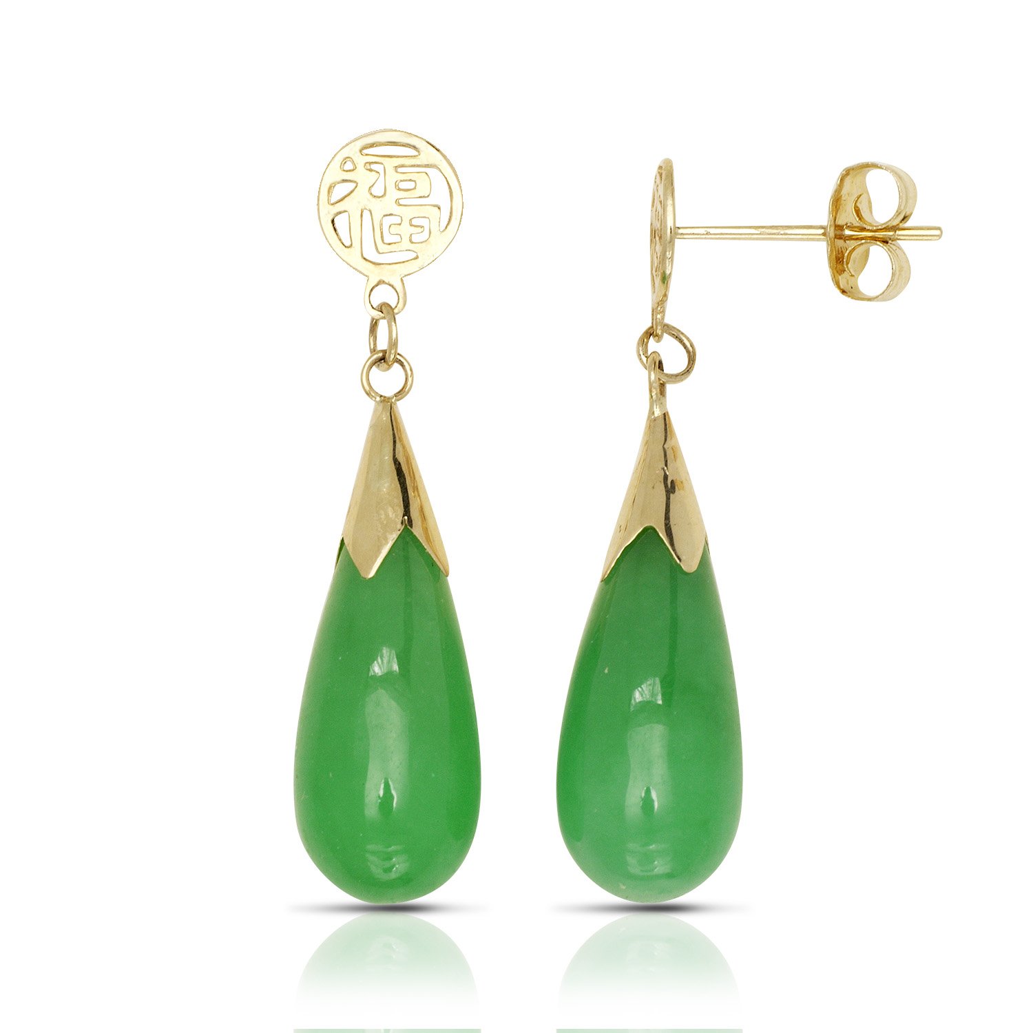 14K Solid Yellow Gold Green Jade Teardrop Dangle Earrings for Women - 5mm x 28mm Handmade Statement Jewelry - Perfect for Weddings, Parties & Special Occasions