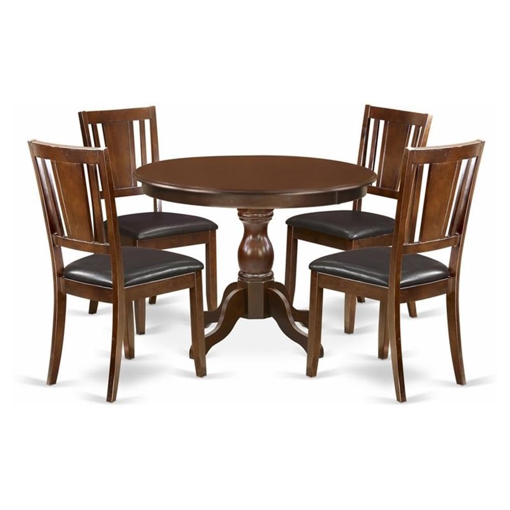 Modern 5-Piece Dining Table Set with Round Wooden Table & 4 Linen Fabric Chairs - 42x42 Inch Mahogany for Small Spaces, Breakfast Nook, or Apartment Dining Room