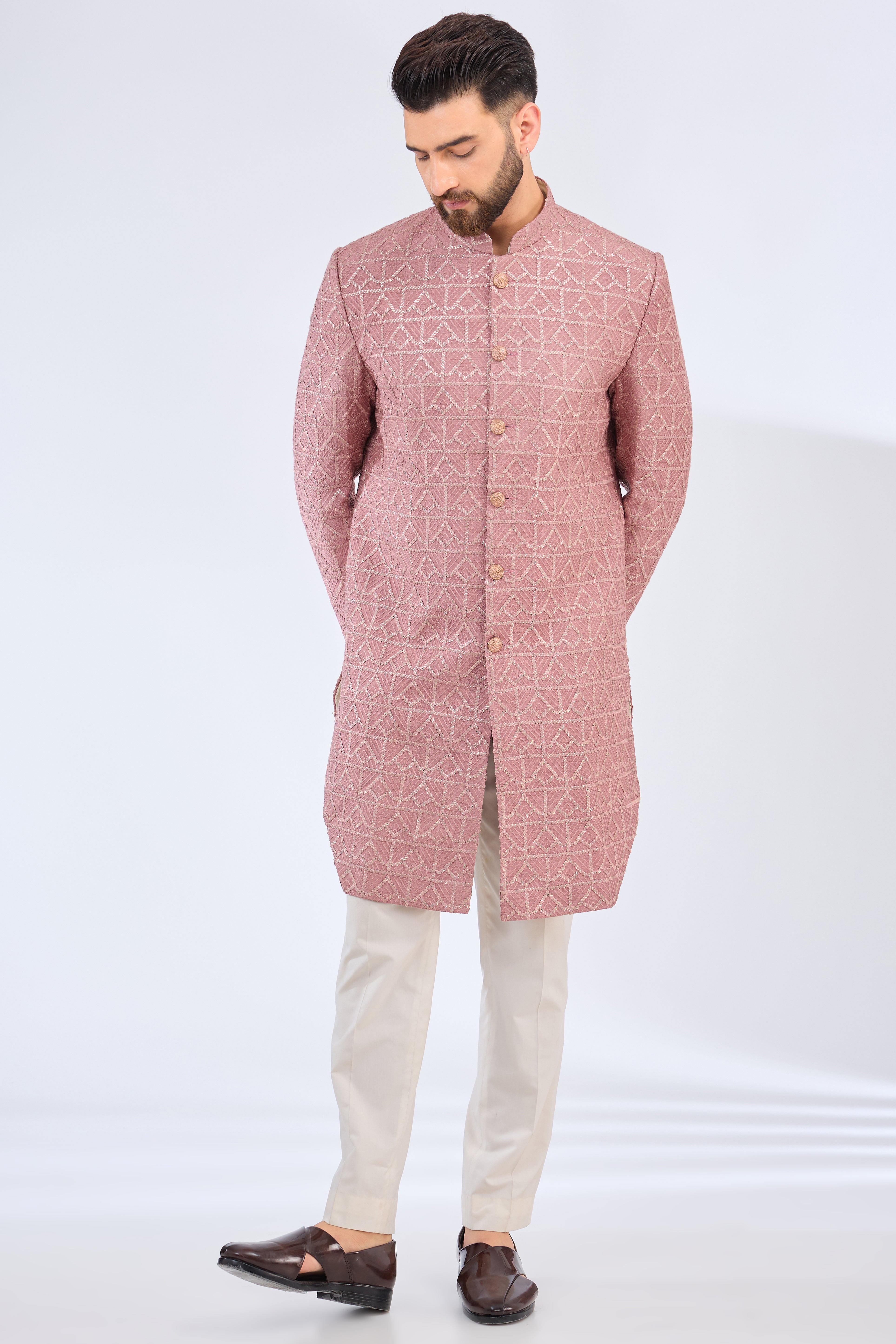 Royal Pink Onion Cut Silk Sherwani for Men - Elegant Indian Wedding Attire for Grooms & Special Occasions