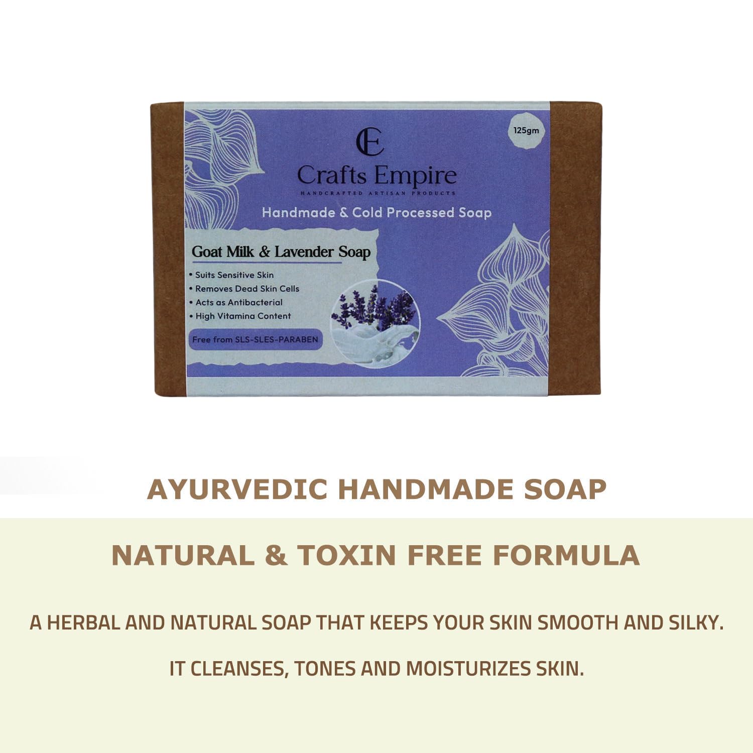 CRAFTS EMPIRE Handmade Goat Milk & Lavender Soap - Cold Processed, 4.4oz (125g) - Natural Moisturizing Bar Soap for Dry Skin, Sensitive Skin Care & Relaxing Bath Time