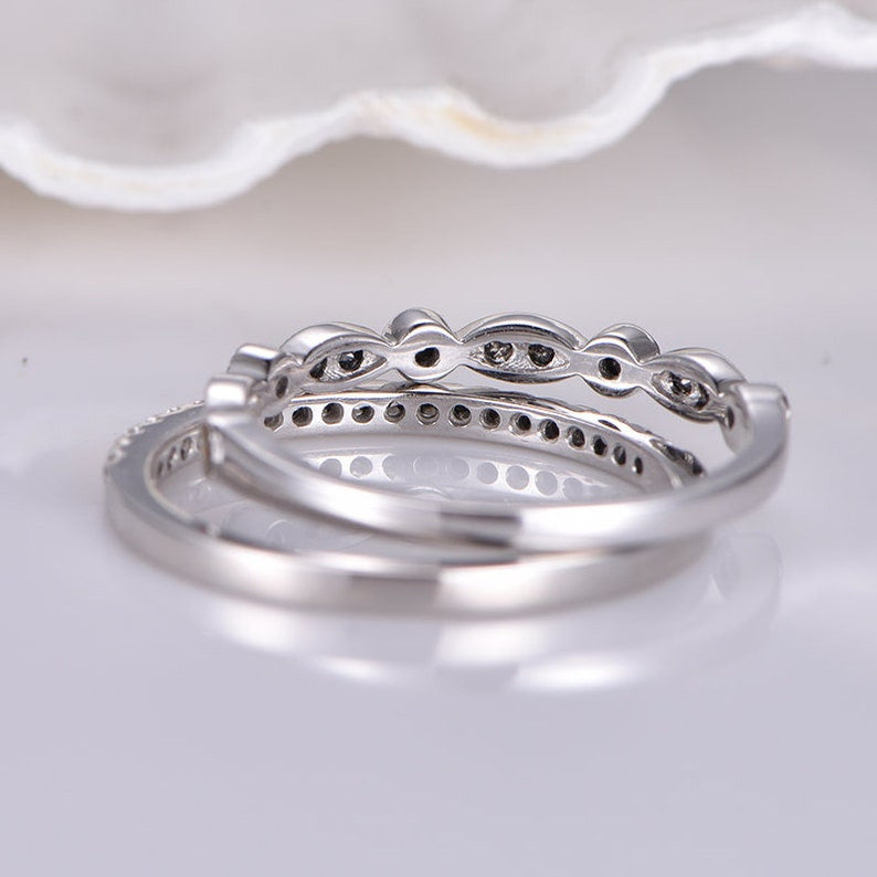 2pcs Black Diamond Wedding Ring Set - Half Eternity Band in 14K White Gold, Matching Stackable Rings for Women, Perfect for Anniversary, Engagement & Bridal Jewelry Gifts