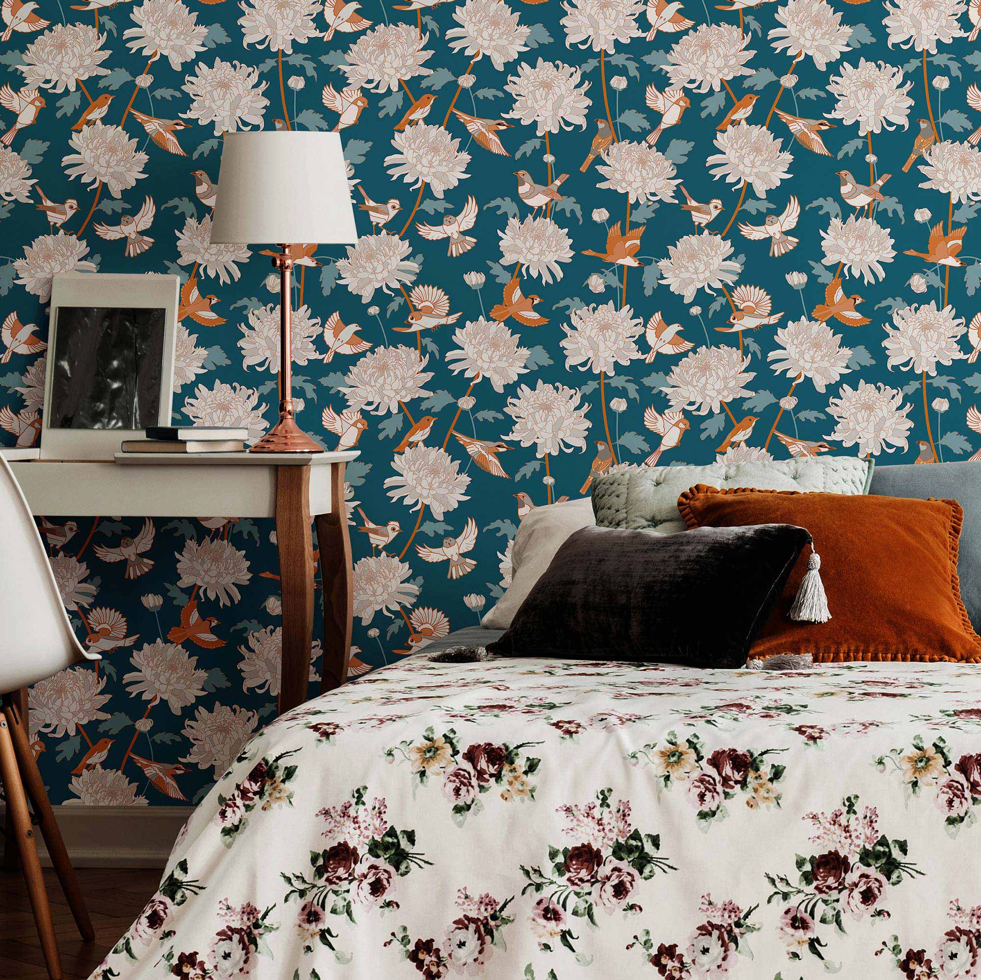 Blue Flowers Peel and Stick Removable Wallpaper 3414 - Self-Adhesive Decorative Wall Covering for Bedroom, Living Room & Nursery Decor