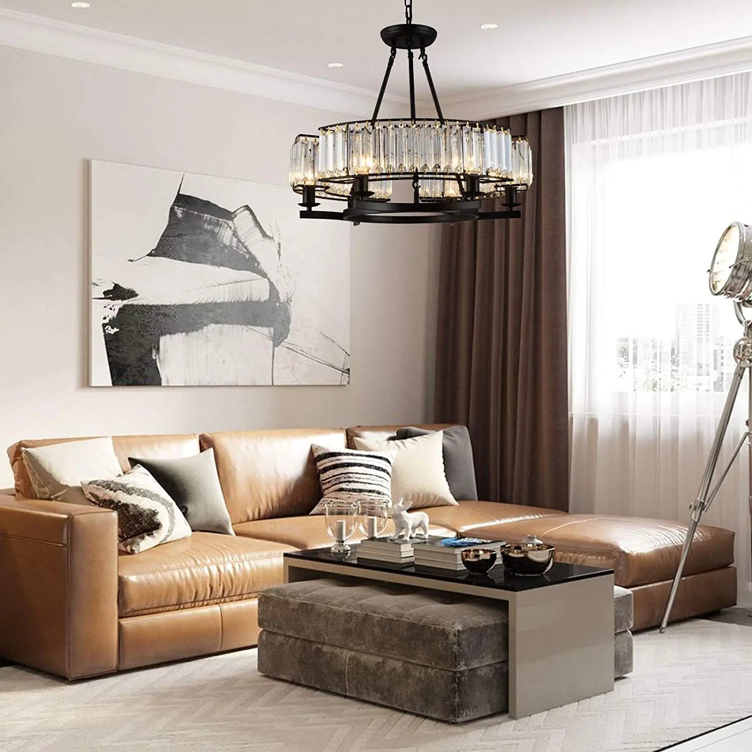 6-Light Round Black Crystal Chandelier - Modern Ceiling Light Fixture with Clear Glass Pendants for Dining Room, Living Room, Bedroom, and Entryway Lighting