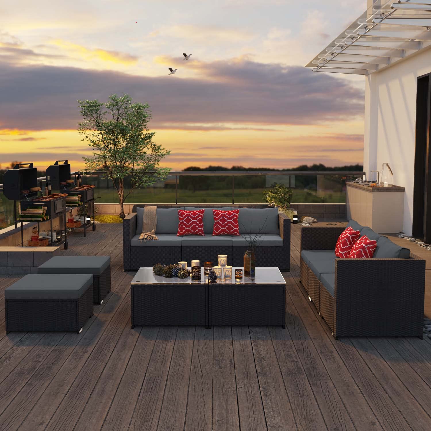 AIHO All-Weather Outdoor Patio Furniture Set - Grey Wicker Rattan Conversation Set with Tempered Glass Table | Perfect for Garden, Backyard, Poolside & Terrace Relaxation