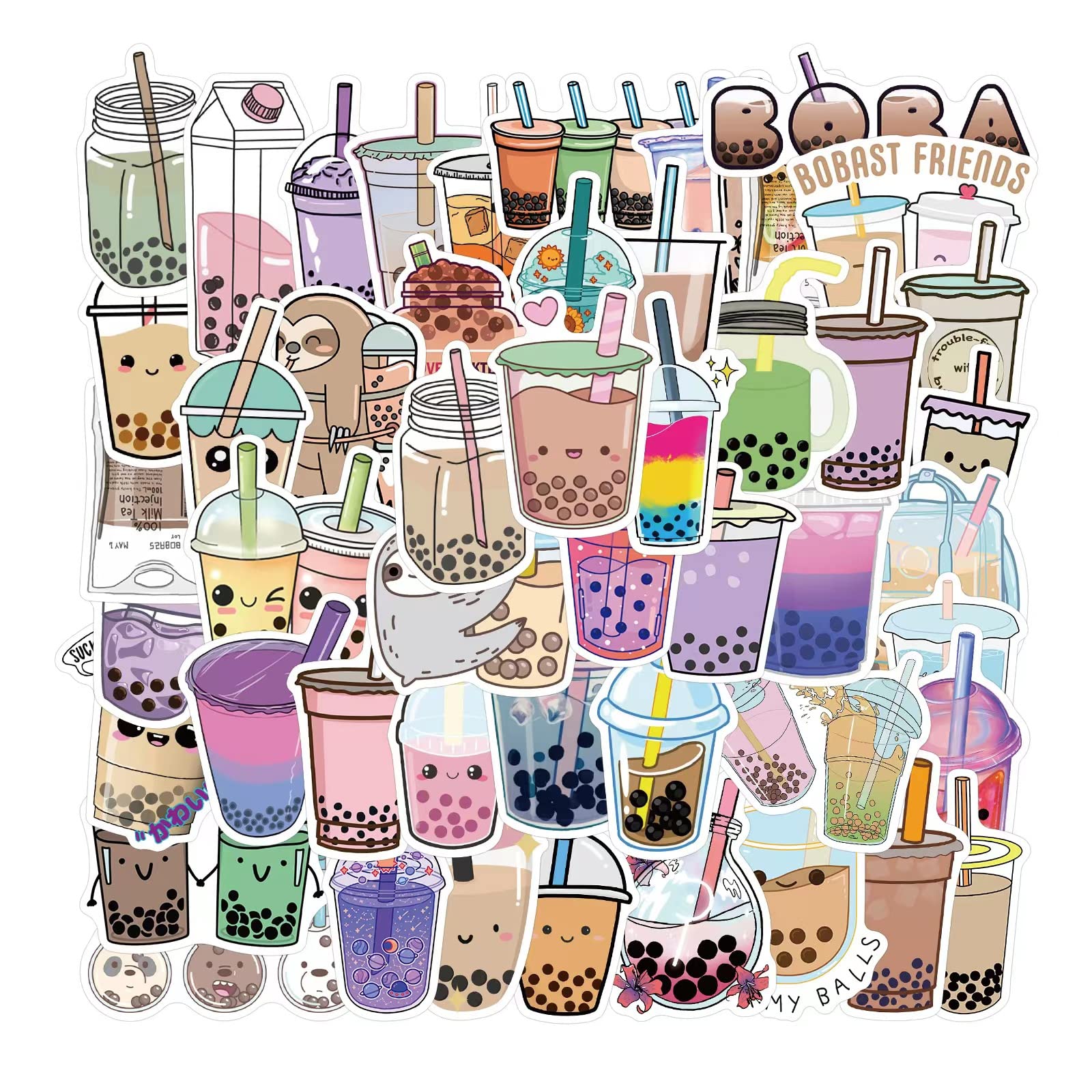 Tuqiso 200 Pcs Waterproof Vinyl Stickers - Cute Cartoon Boba Tea Decals for Water Bottles, Laptops & Flasks | Aesthetic Doodle Stickers for DIY Crafts, School Supplies & Gift Wrapping