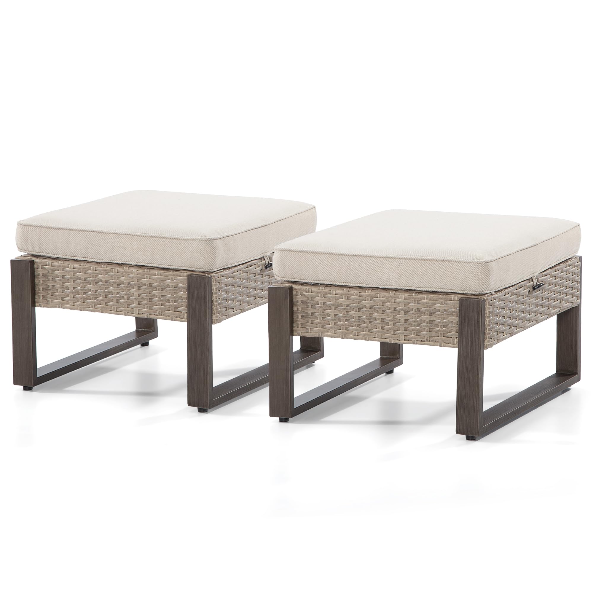 Joyside Patio Wicker Ottoman Set of 2, Outdoor PE Rattan Footstools with Removable Cushions & Sturdy Metal Frame - Perfect for Garden, Backyard, Porch, Deck, and Poolside Relaxation - Beige