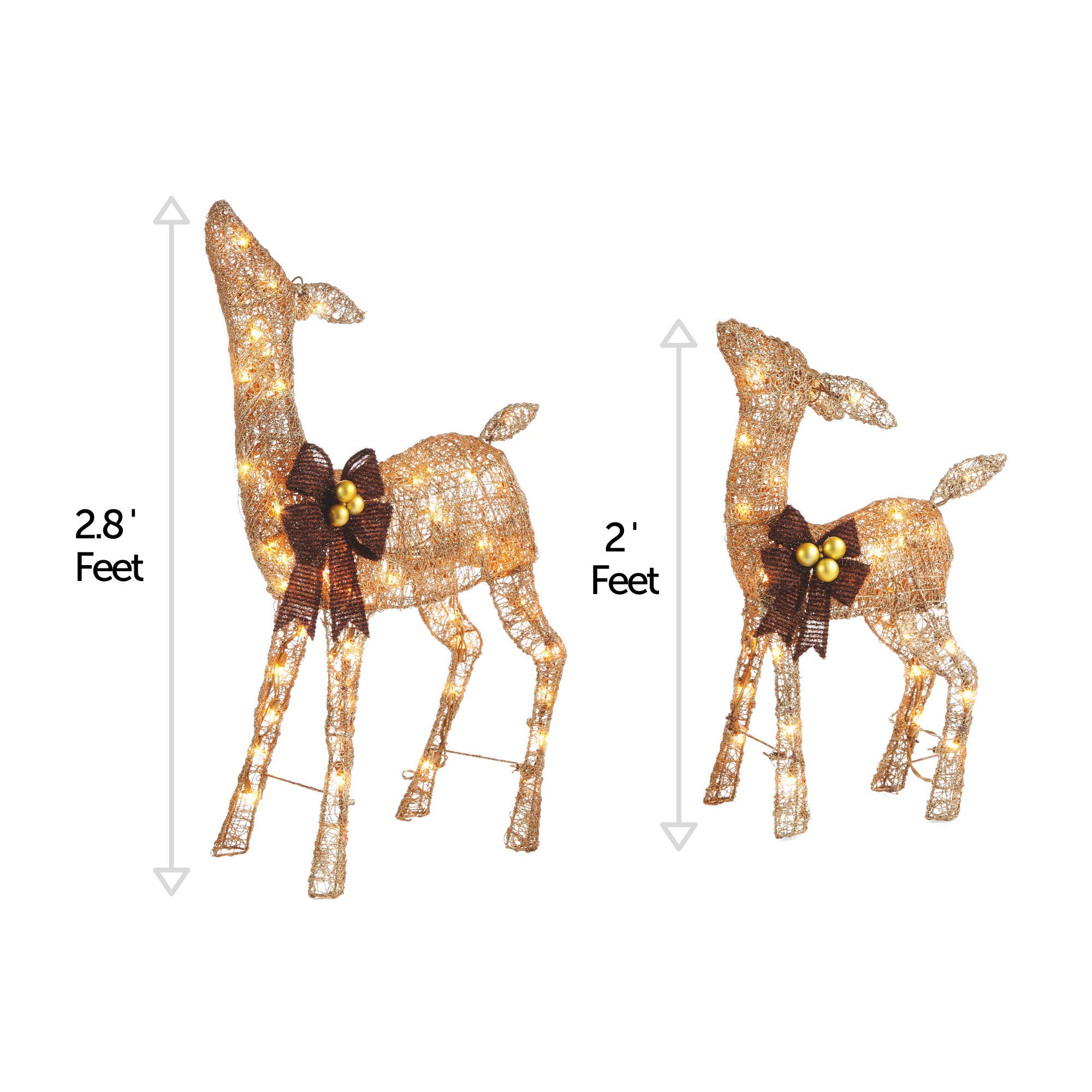 2.8 Ft Pre-Lit LED Christmas Deer Outdoor Yard Decor with Warm White Lights - Metal Holiday Decoration with Gold Finish & Red Bows | Perfect for Front Lawn, Garden, Porch & Christmas Party Decorations