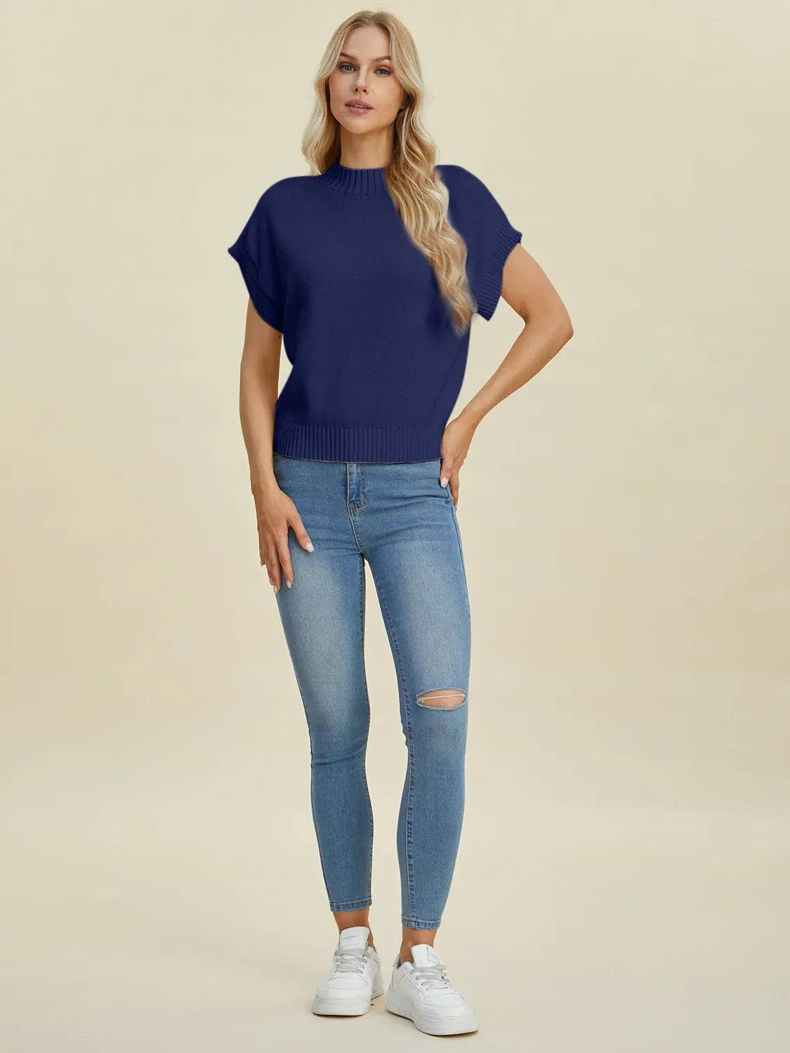 Double Take Full Size Mock Neck Short Sleeve Sweater for Women - Soft Knit Pullover Top for Casual Wear & Office Outfits | Perfect for Fall & Winter Layering