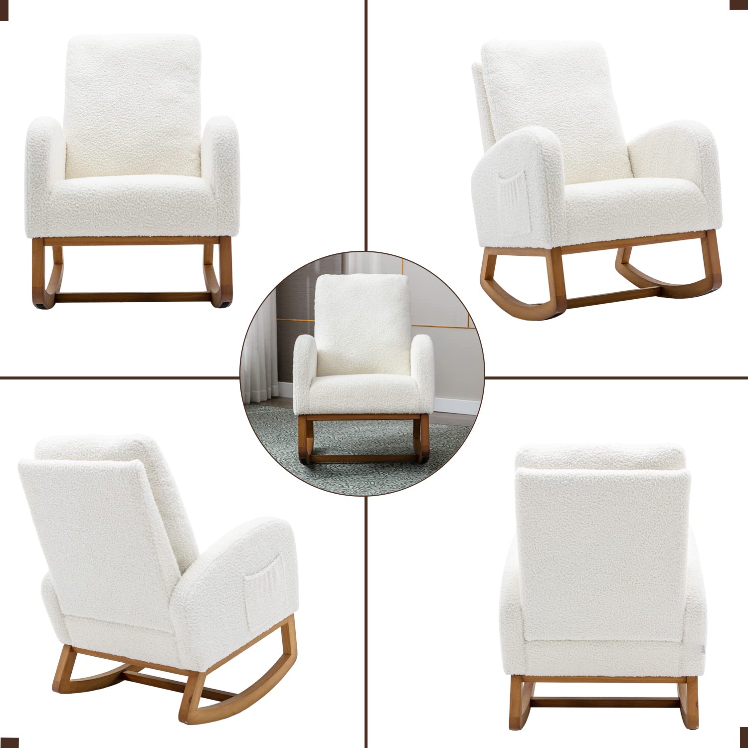 Antetek Modern Upholstered Nursery Glider Rocking Chair - Comfortable Baby & Kids Rocker with Side Pocket, High Back Support - Perfect for Nursery, Living Room, Bedroom (White)