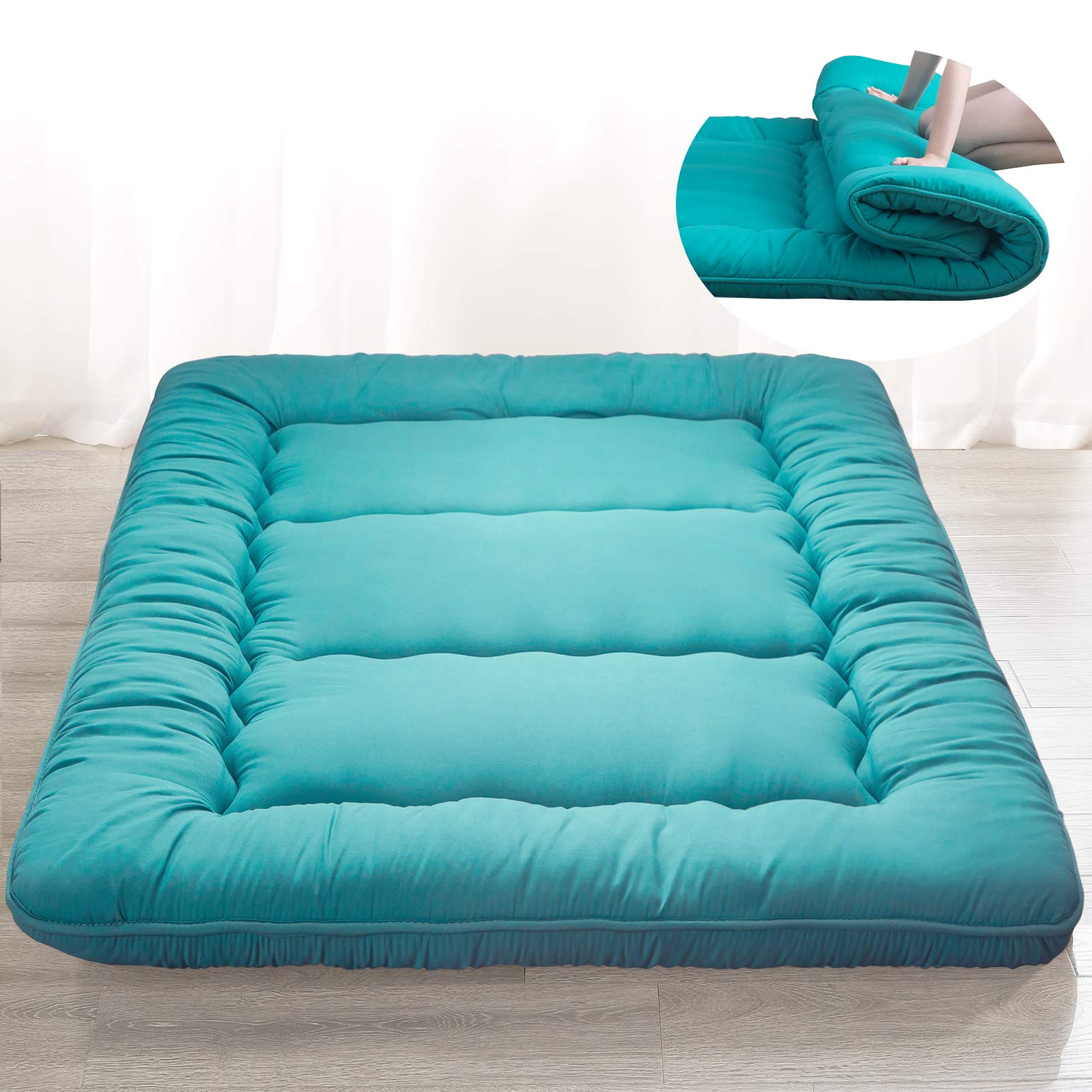 MAXYOYO Multi-Functional Floor Futon Mattress - Queen Size Turquoise | Foldable Guest Bed, Sofa Sleeper & Floor Cushion for Small Spaces, Dorms & Camping