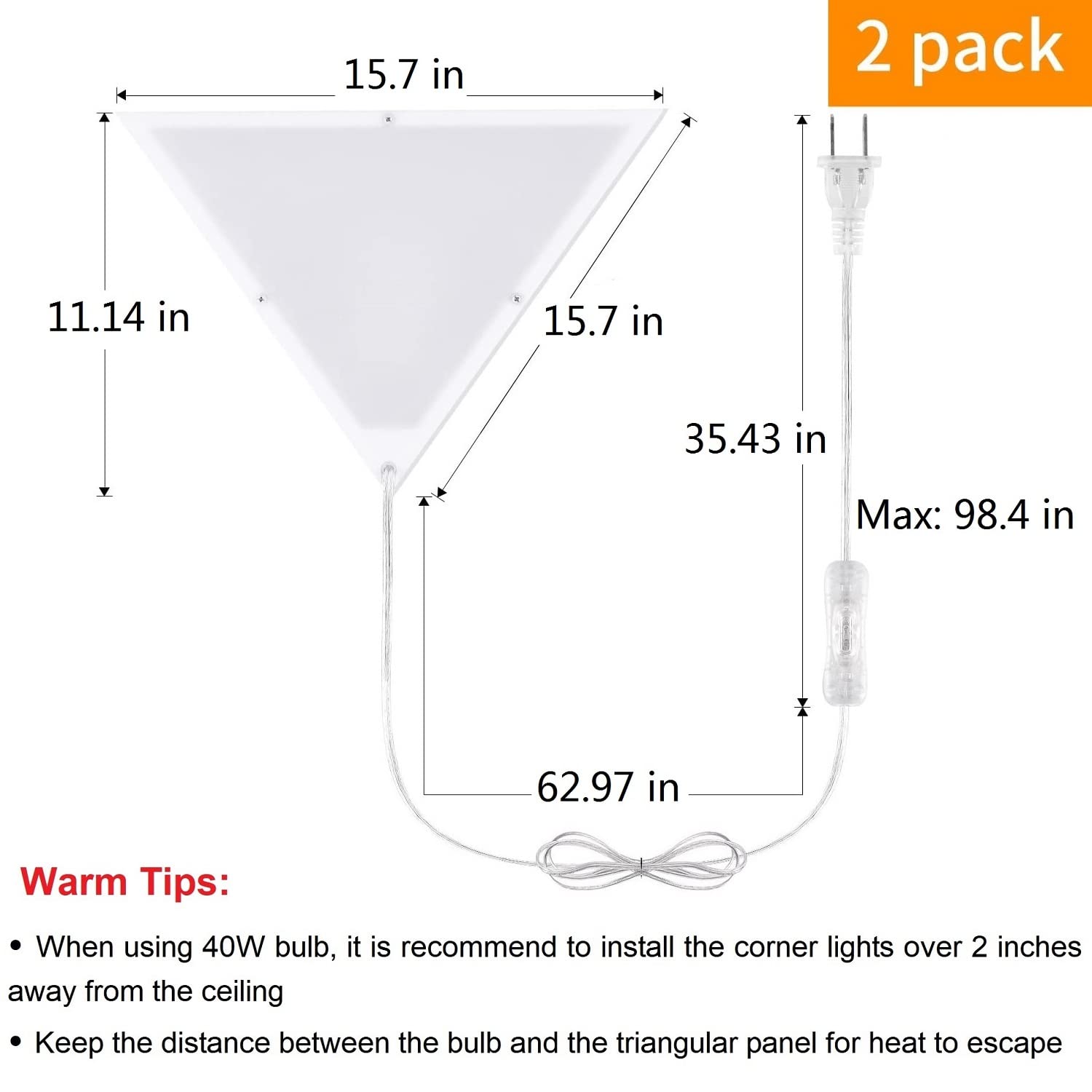 2 Pack Modern Triangle Corner Lights with Switch - Plug in Ceiling Light with Acrylic White Shade for Living Room, Bedroom, Kids Room, Office & Apartments - Perfect for Ambient Lighting and Space-Saving Decor