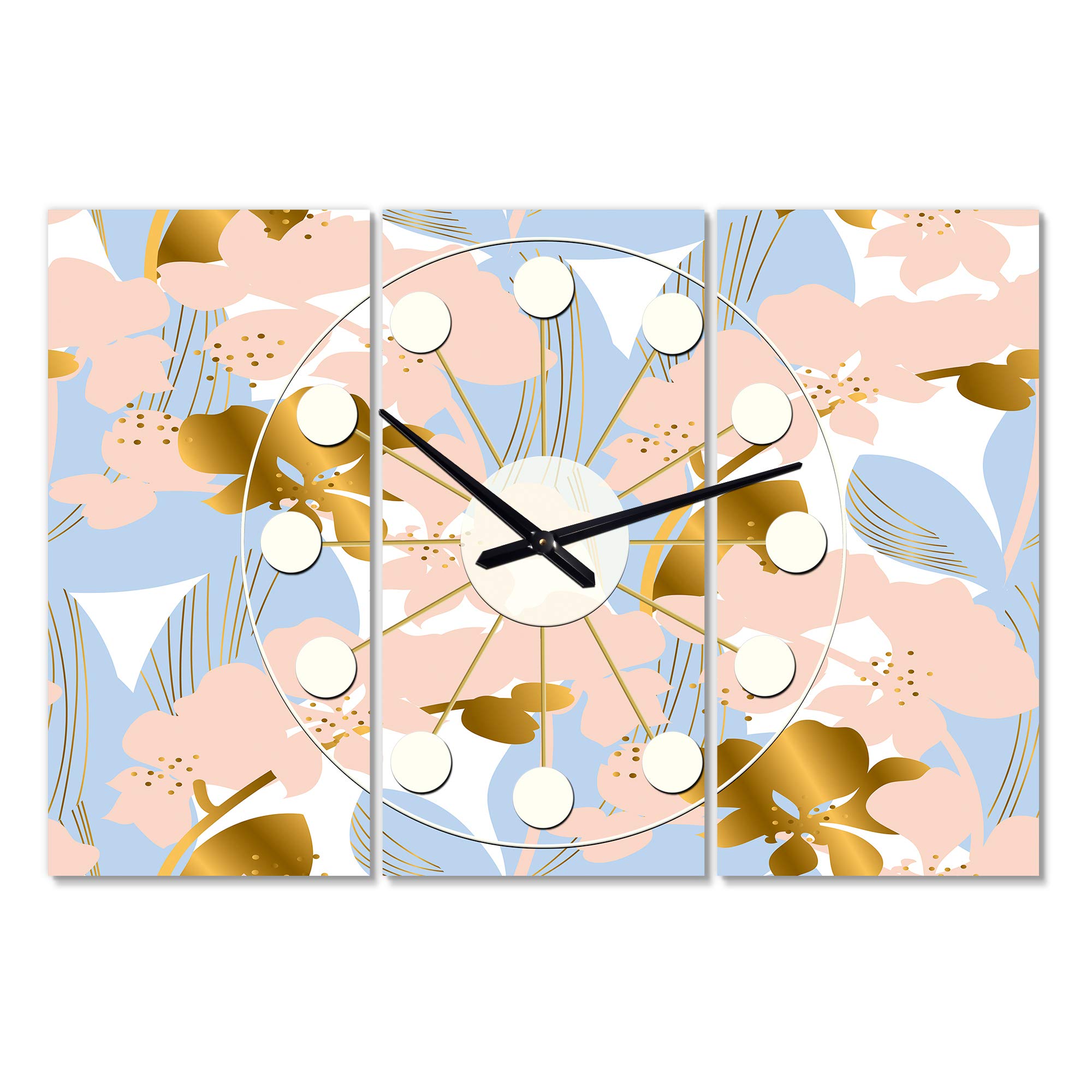 Designart Golden Foliage XV Mid-Century Modern 3 Panel Wall Clock - Metal Wall Art Decor for Living Room, Bedroom & Office - Vintage Home Decor with Elegant Foliage Design - Perfect for Modern Interior Design & Wall Decoration