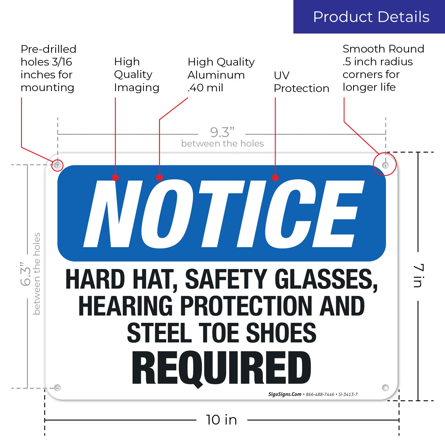 OSHA Compliant Hard Hat, Safety Glasses, Hearing Protection & Steel Toe Shoes Required Sign - 10x7 Inch Rust-Free .040 Aluminum Safety Sign for Construction Sites & Workplaces - Fade Resistant, Indoor/Outdoor Use - Made in USA