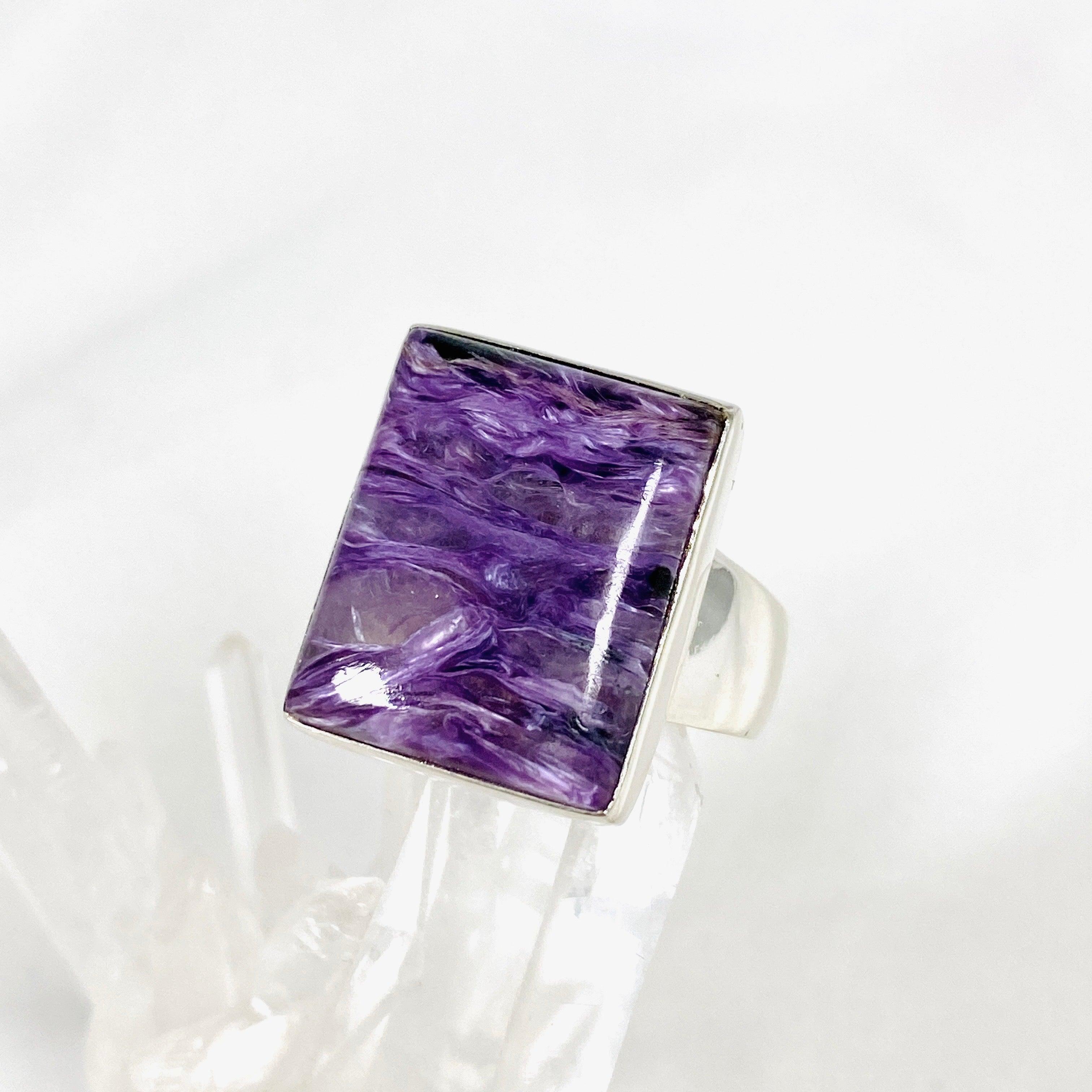 Charoite Silver Rectangular Ring - Size 11 - KRGJ3046 - Elegant Purple Gemstone Jewelry for Women, Perfect for Weddings, Parties & Special Occasions