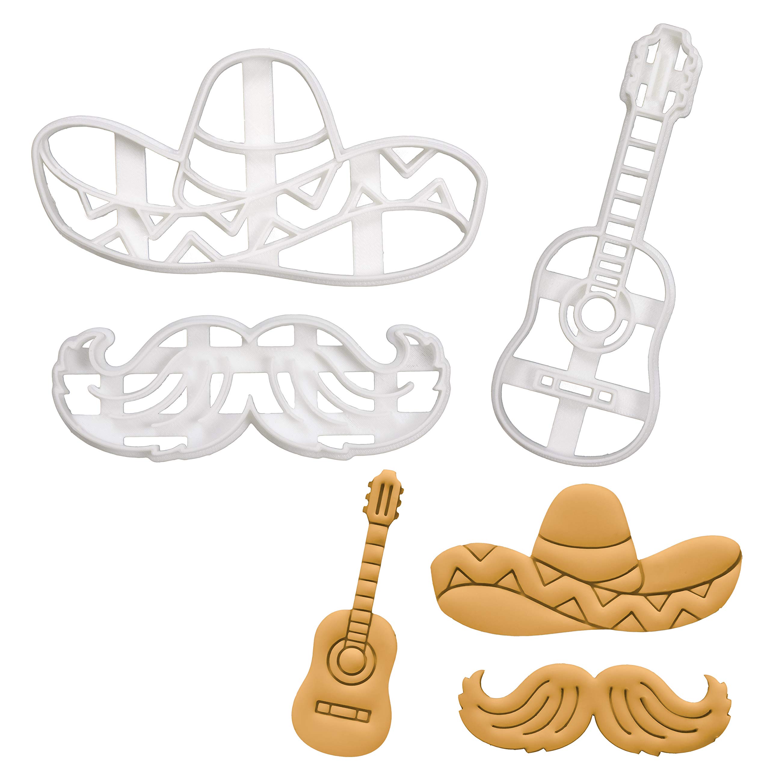 Set of 3 Stainless Steel Cookie Cutters - Sombrero Hat, Mustache & Acoustic Guitar Shapes for Baking | Perfect for Christmas, Birthday Parties & DIY Cookie Decorating | Bakerlogy