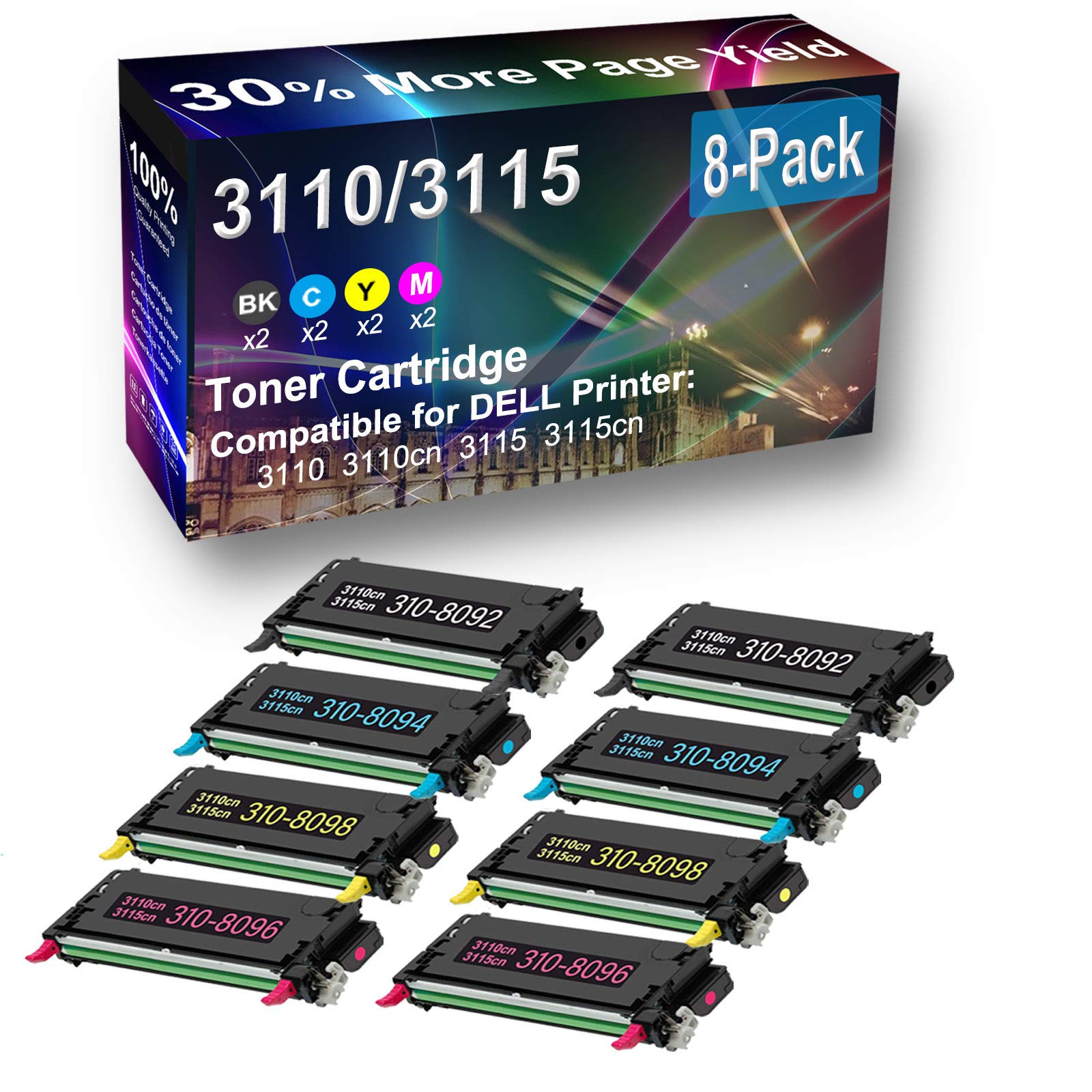 8-Pack (2BK+2C+2Y+2M) High Yield Compatible Laser Toner Cartridge for Dell 3115cn Printer - Replacement for 310-8092 PF030, 310-8094 XG722, 310-8098 NF556, 310-8096 XG724 - Ideal for Office Printing & High-Volume Documents