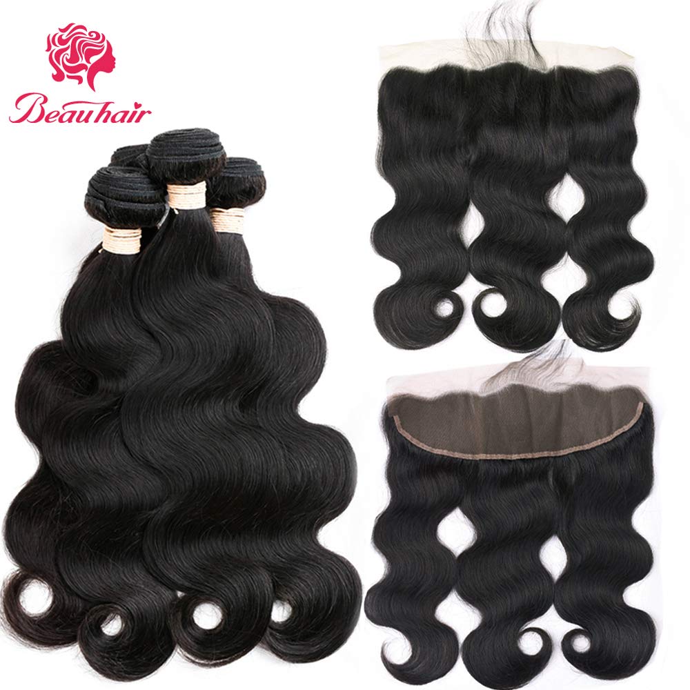Brazilian Body Wave 3 Bundles with Lace Frontal - 100% Virgin Human Hair (16/18/20+16) 13x4 Ear to Ear Lace Closure - Natural Black Hair Extensions for Styling, Weaving & Protective Hairstyles