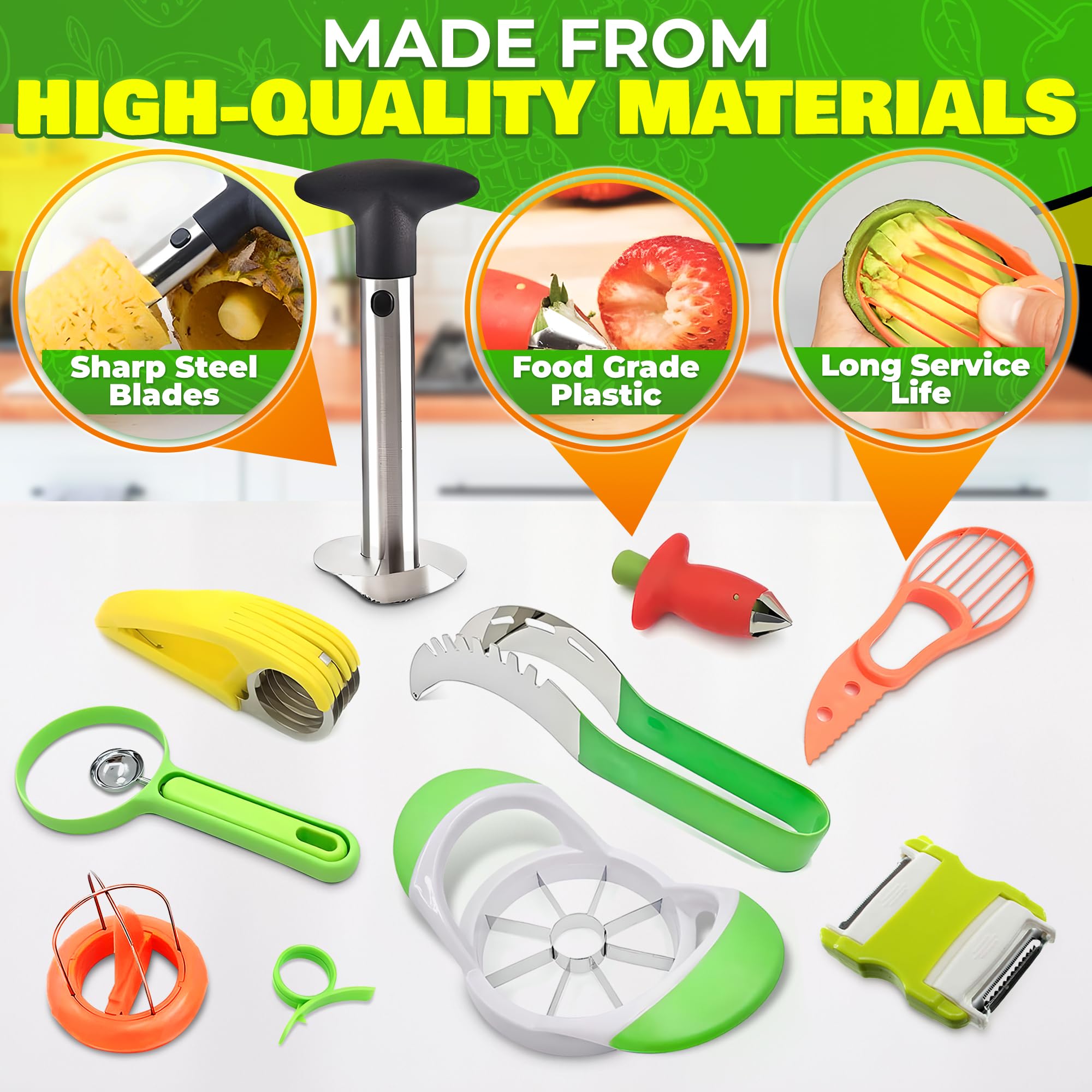 10-Piece Fruit Slicer Set - Pineapple Corer, Kiwi Cutter, Apple Slicer, Cantaloupe Cutter, Strawberry Huller, Watermelon Slicer & Banana Slicer - Perfect for Fruit Salads, Smoothies & Party Platters