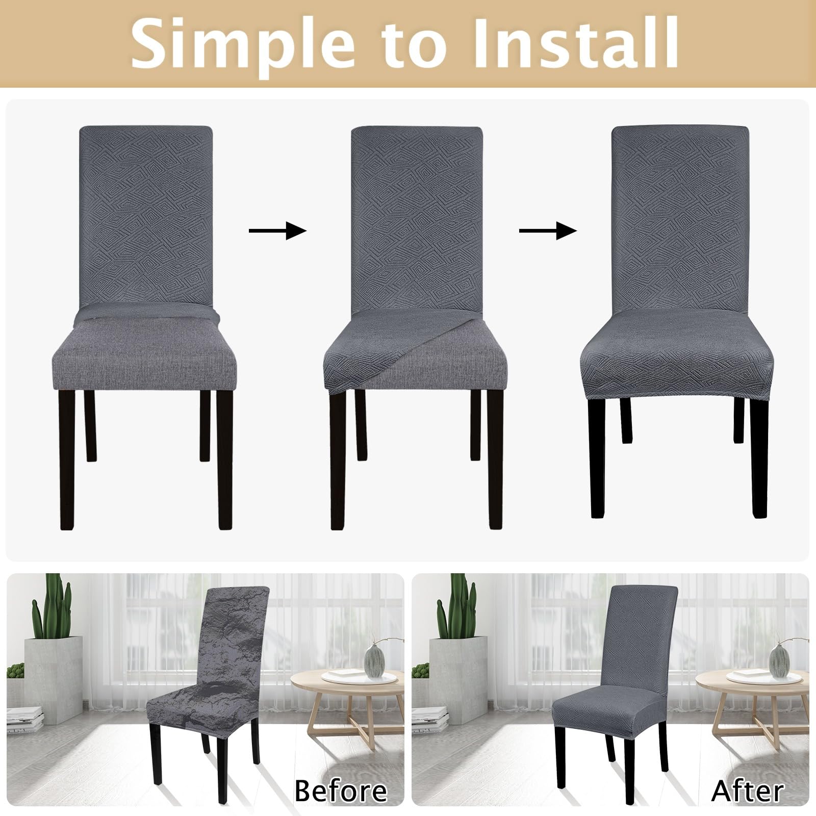 Stretchable Jacquard Dining Room Chair Covers Set of 6 - Washable Parsons Chair Slipcovers, Removable Kitchen Chair Protectors for Home, Hotel & Wedding Ceremony (Grey) - Perfect for Dining Room Decor, Restaurant Seating & Event Furniture Protection