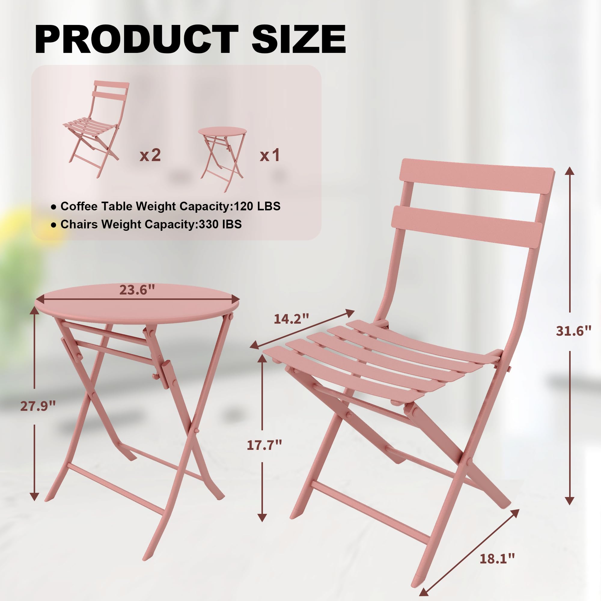 GARVEE 3-Piece Folding Patio Bistro Set with Round Table & 2 Chairs - Weather-Resistant, Space-Saving Outdoor Furniture with Premium Frame in Pink - Perfect for Small Balconies, Gardens, and Poolside Relaxation