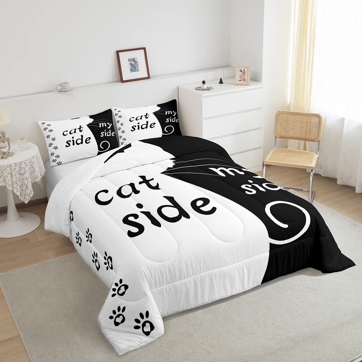 Erosebridal Twin Bedding Set - Black & White Cute Cat Print Duvet Cover & Comforter Set, Modern Simple Romantic Theme for Bedroom Decor | Perfect for Cat Lovers, Kids Rooms & Cozy Bedroom Makeovers