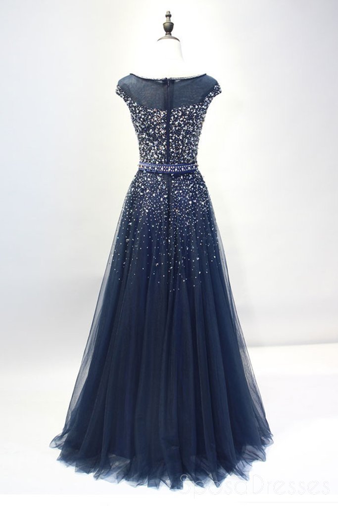 Elegant Navy Blue Cap Sleeve Tulle Beaded Long Evening Prom Dress - Custom Party Gown for Formal Events, Homecoming & Special Occasions