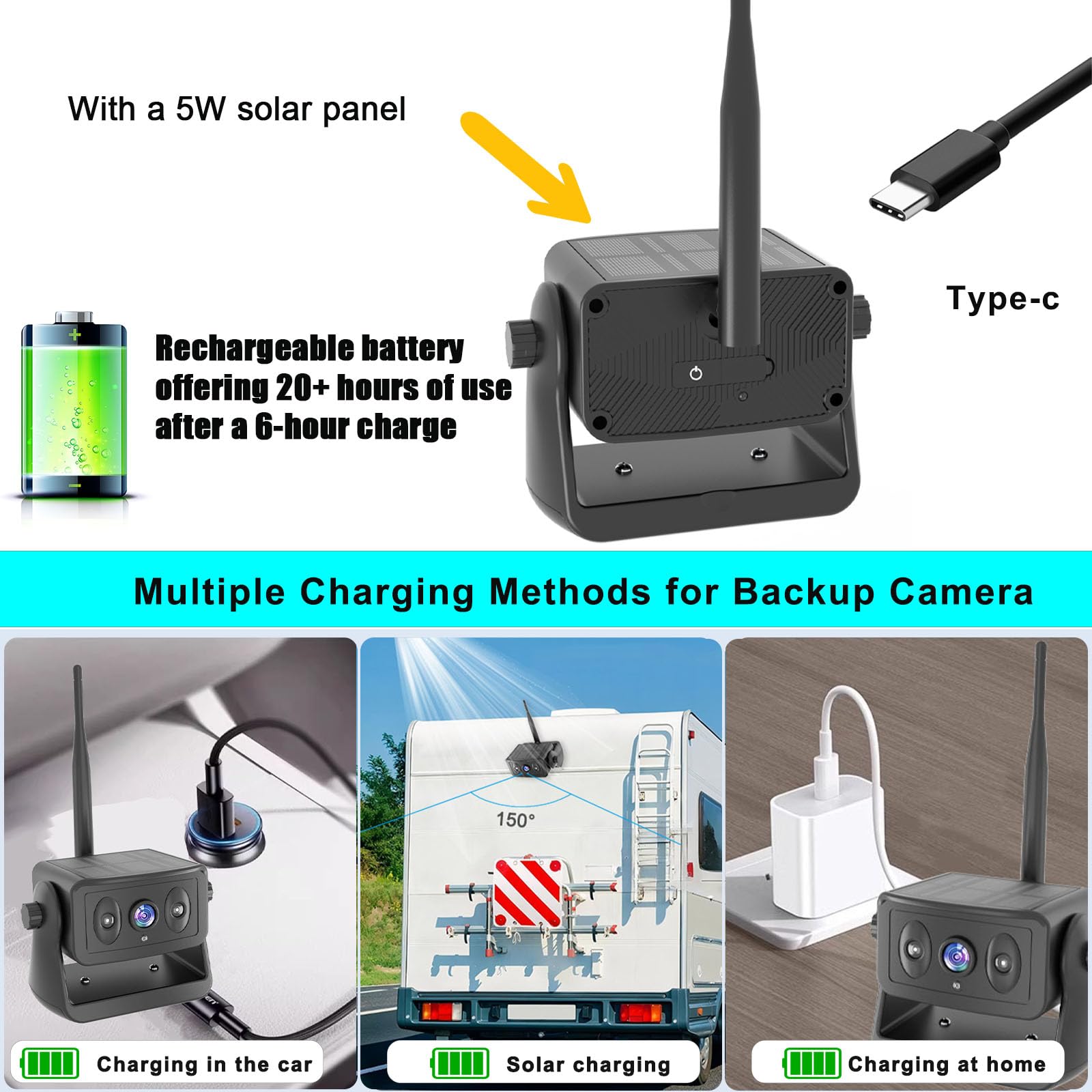 Solar-Powered Wireless Backup Camera for RV, Truck, Camper & Trailer - Magnetic Mount, No Wiring/Drilling, HD Night Vision, Waterproof, Low Power - Compatible with iPhone & Android - Perfect for Parking, Reversing & Towing in Low Light Conditions