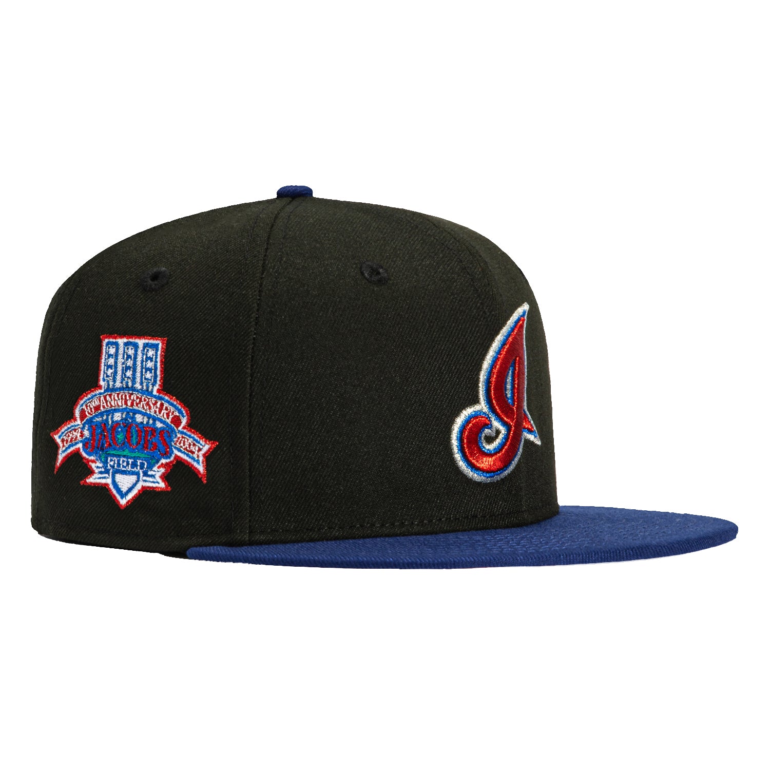 New Era 59Fifty Cleveland Indians 10th Anniversary Stadium Patch Snapback Hat - Black, Royal, Red - Perfect for Baseball Games, Sports Events & Casual Wear