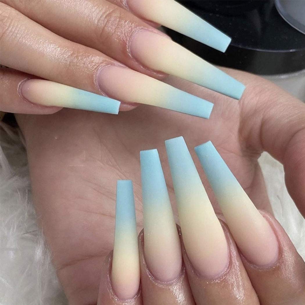 Extra Long Blue Ombre Press on Nails - Ballerina Matte Fake Nails with Full Cover Design (24pcs) | Halloween Acrylic Nail Tips for Women & Girls | Perfect for Parties, Cosplay and Special Occasions