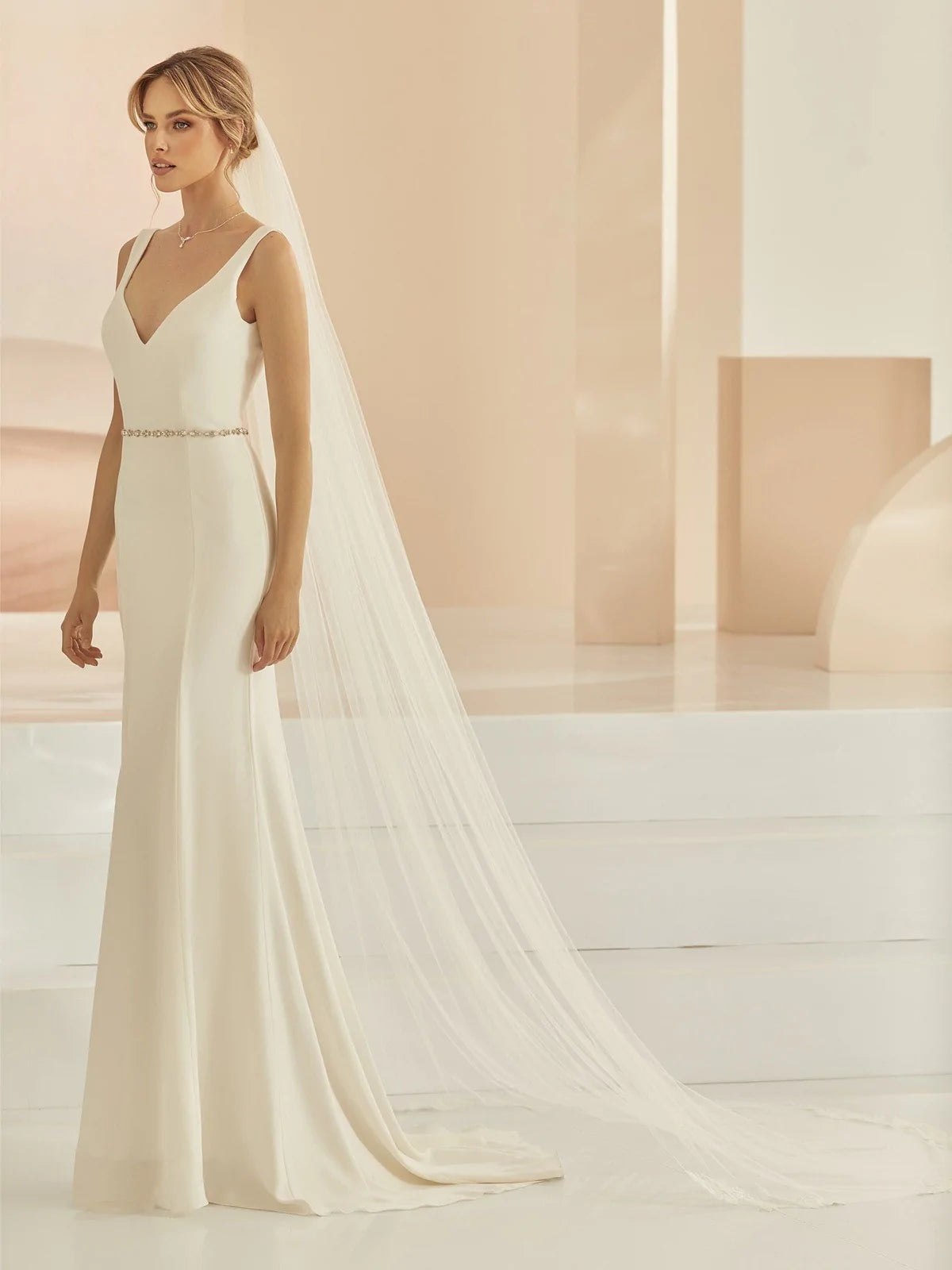Elegant Chapel Length Wedding Veil with Delicate Lace Edge - Ivory Tulle Bridal Accessory (S414) | Perfect for Church Ceremonies, Outdoor Weddings & Romantic Photography