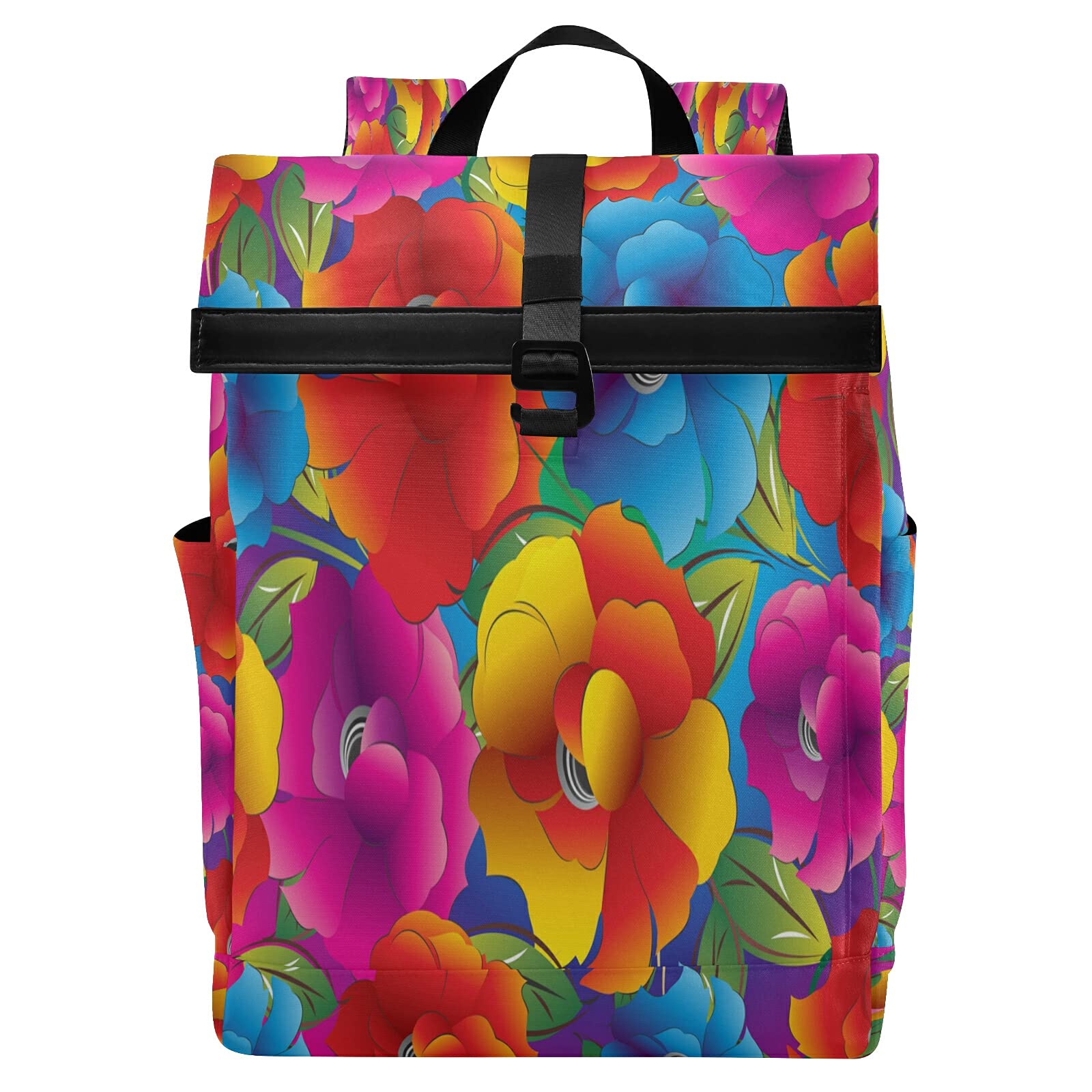 Xigua Waterproof Multicolor Floral Roll Top Backpack - 15.6 Inch Laptop Bookbag for Women & Men, College Students - Perfect for School, Travel & Daily Commute