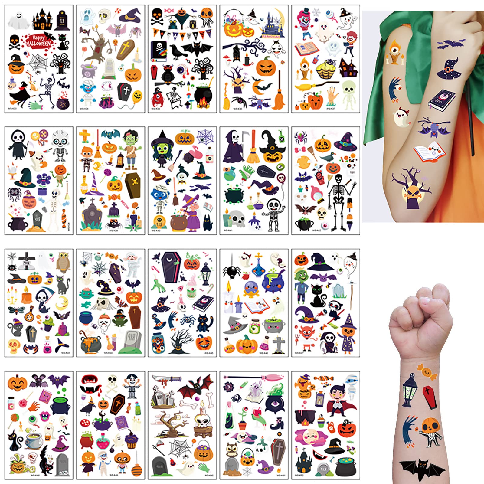 300 PCS Temporary Tattoos - 20 Sheet Waterproof Halloween Pumpkin Witch Skeletons Tattoo Stickers for Kids, Teens & Adults | Perfect for Halloween Parties, Costume Accessories & Spooky Decorations