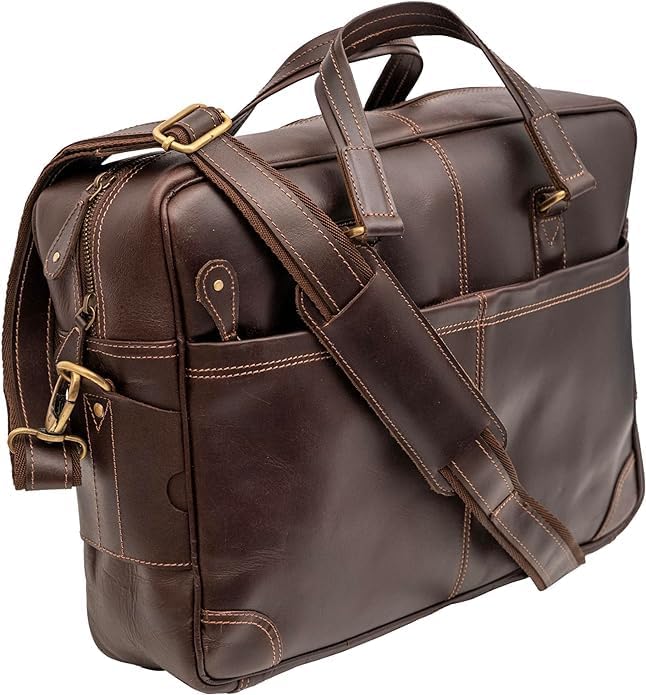 Premium Brown Genuine Leather Laptop Bag - 16 Inch Stylish Business Briefcase for Men & Women - Multiple Pockets & Adjustable Shoulder Strap - Perfect for Office, Travel & Commuting