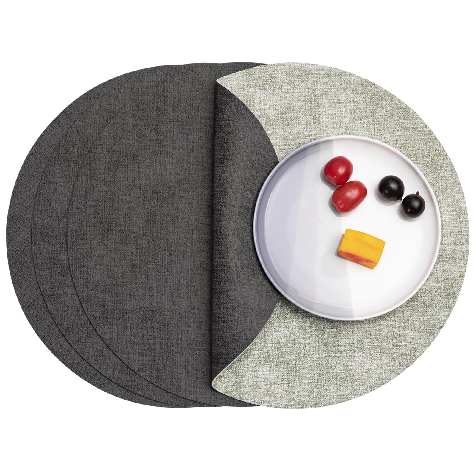 Myir JUN Round Placemats Set of 4 - Dual Sided Faux Leather Table Mats for Dining, Non-Slip & Washable - Indoor/Outdoor Use - Perfect for Dinner Parties, Picnics, and Daily Dining (Gray Grass Green)