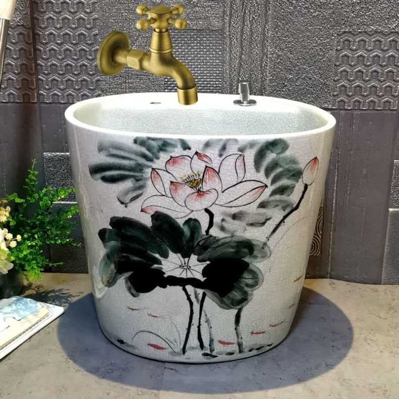 Large Yellow Semicircular Lotus Ceramic Mop Basin for Balcony, Pool, Outdoor & Bathroom Use – Durable Integrated Water Basin for Household Cleaning