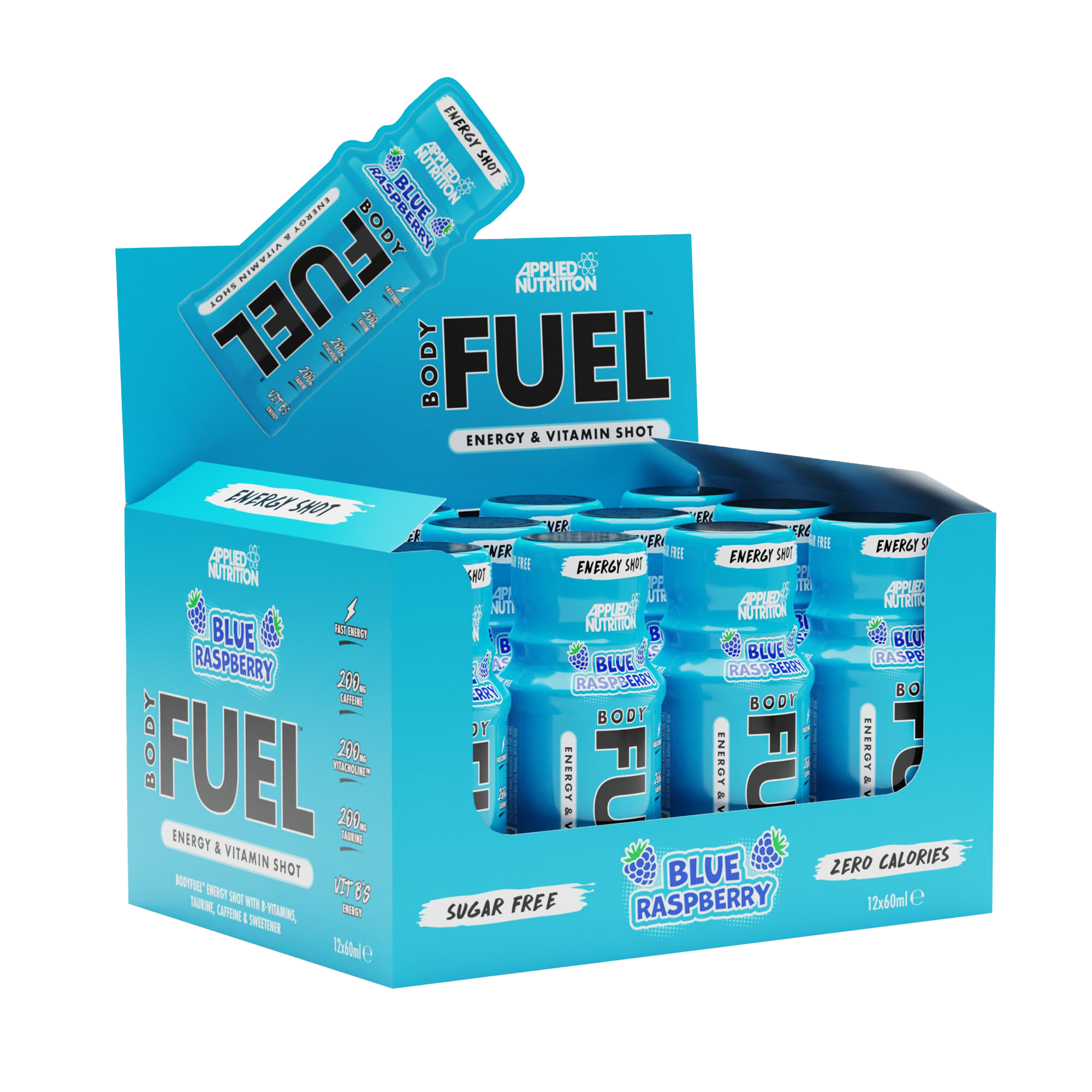 Applied Nutrition Body Fuel Energy Shots - 12 Pack (60ml Each) - Blue Raspberry Flavor - Boost Energy & Focus for Workouts, Study & Long Days