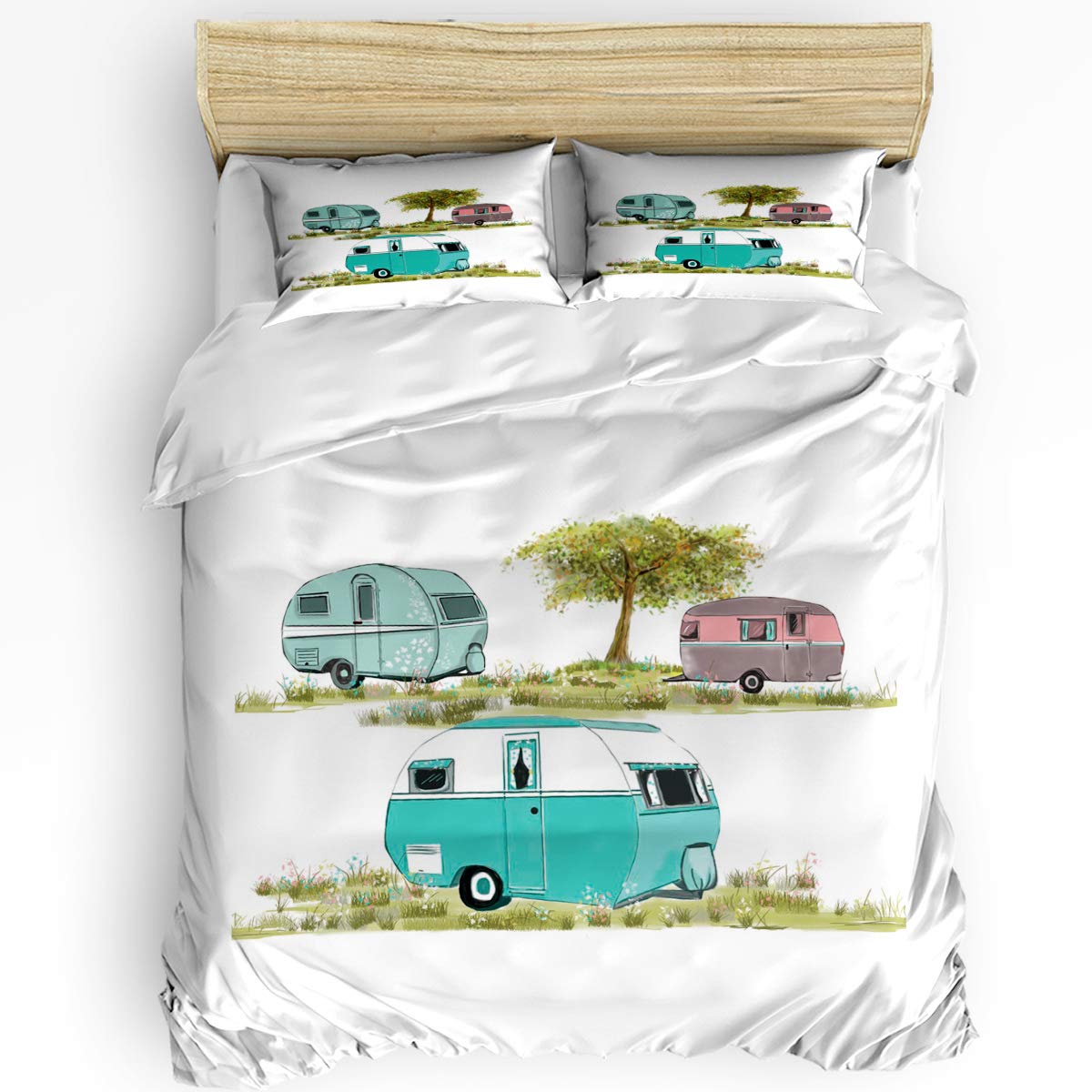 Vintage Camping 3-Piece Twin Bedding Set - Comforter, Duvet Cover & 2 Decorative Pillowcases for Kids, Teens & Adults | Cartoon Travel Grass Design | Perfect for Children's Rooms, Dorm Decor & Cozy Bedrooms