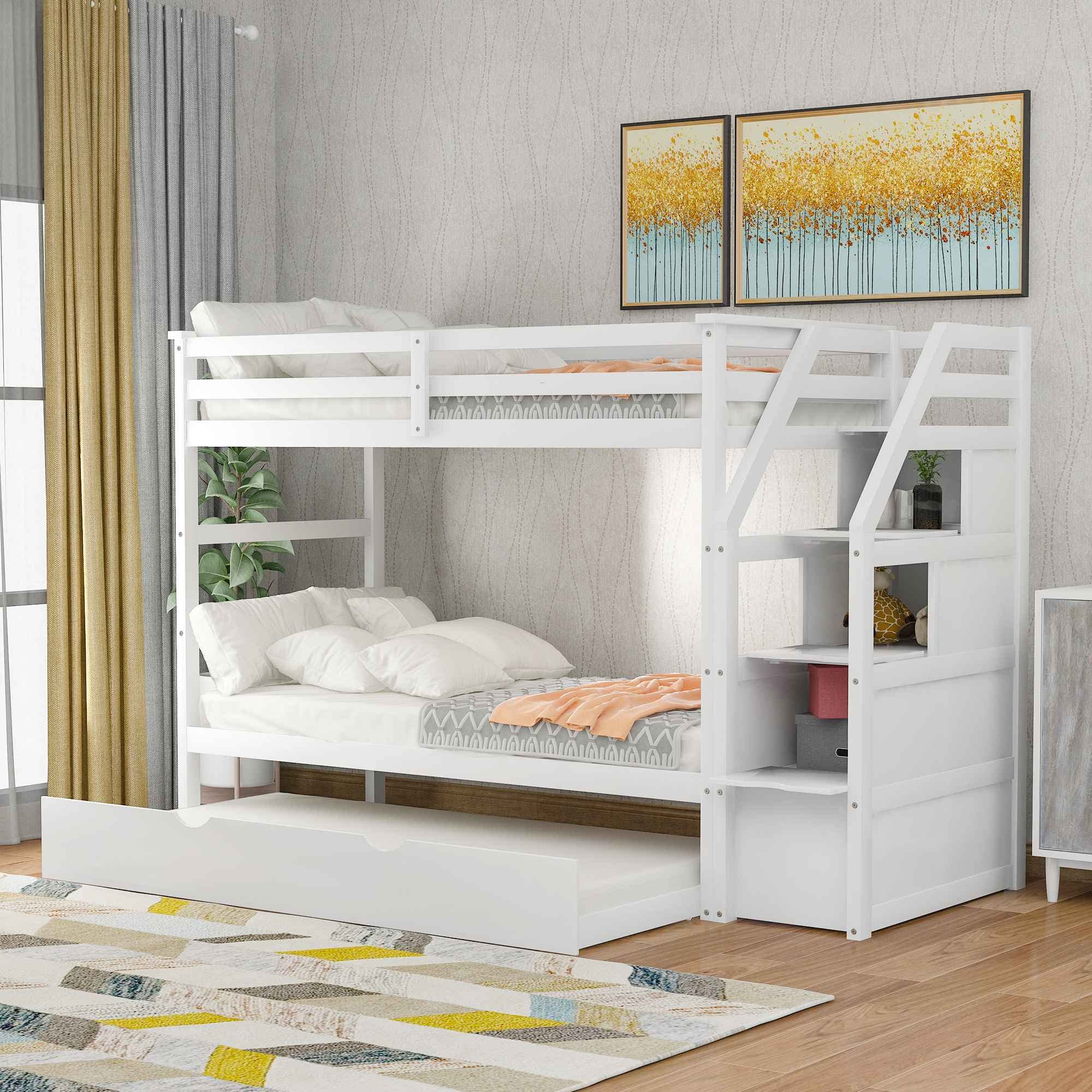 ATY Twin Over Twin Bunk Bed with Trundle & Storage Staircase - Solid Pine Wood Bed Frame with Safety Guardrails for Kids, Teens & Adults | Space-Saving Design, No Box Spring Needed | Perfect for Small Bedrooms, Guest Rooms & Vacation Homes (White)
