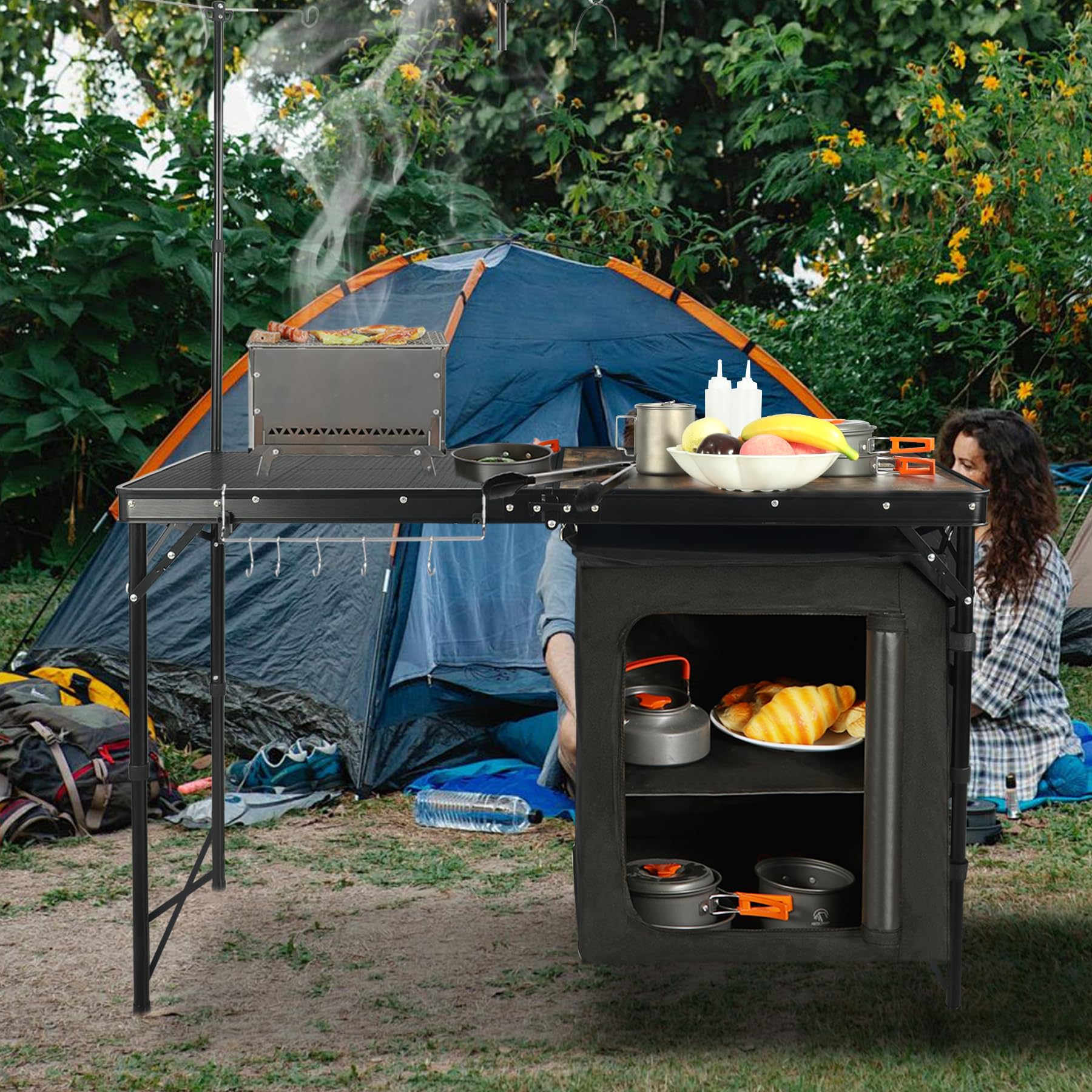 REDCAMP 4ft Portable Camping Kitchen Table with Storage Organizer & Telescoping Light Stand - Foldable Outdoor Cooking Station for BBQ, Picnic, Party & Camping | Perfect for Backyard Grilling, Tailgating & RV Adventures