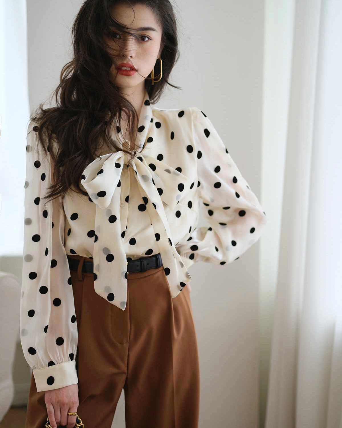 Polka Dot Silk Blouse for Women - Elegant Tie Neck Blouse for Office, Party & Special Occasions | Formal & Casual Wear | Breathable & Comfortable Silk Top