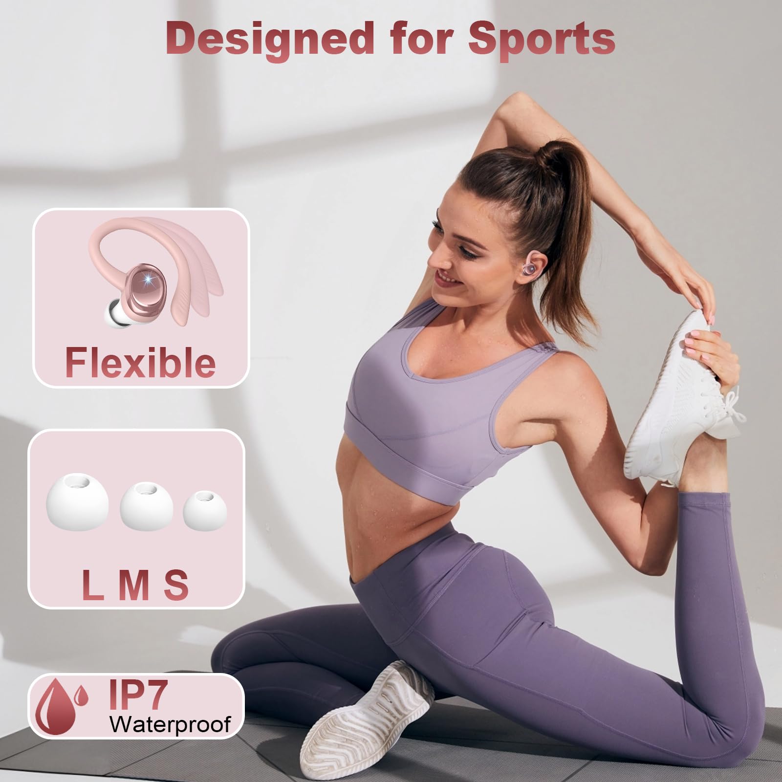 **2025 Wireless Bluetooth 5.4 Earbuds with Earhooks, 50H Playtime, 4 ENC Noise Canceling Mic, IP7 Waterproof – Stereo Sound for Running, Gym, Workout, Commuting & Travel**