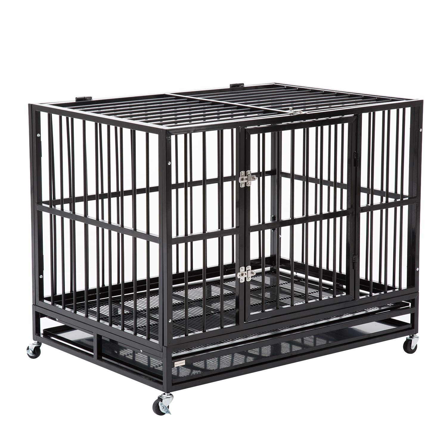 Heavy Duty Dog Cage - Rolling Metal Pet Crate with Double Door, Wheels & Tray - Foldable Kennel for Large Dogs - Perfect for Travel, Home & Outdoor Use