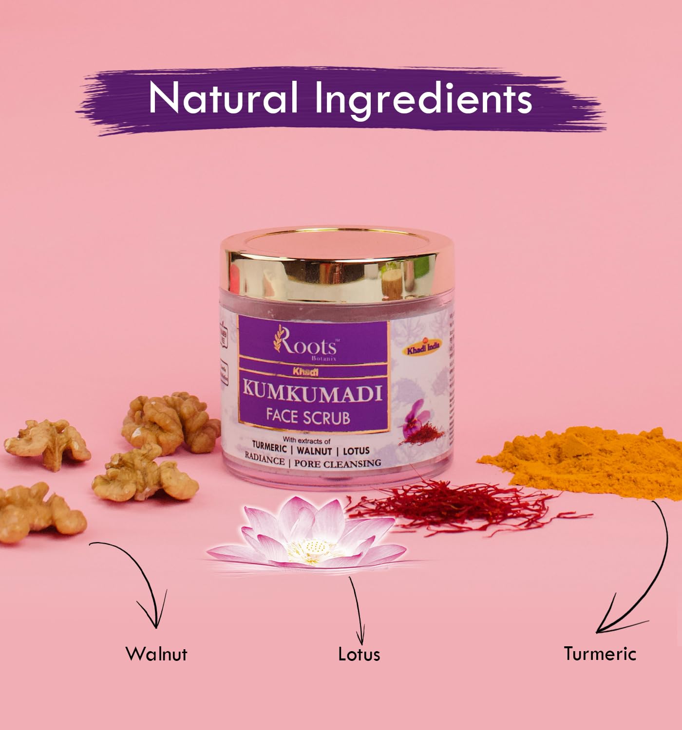 Roots Botanix Kumkumadi Face Scrub - Natural Pore Cleansing & Gentle Exfoliation with Lotus, Turmeric & Walnut (100g) for Glowing Skin - Perfect for Daily Skincare Routine & Acne-Prone Skin